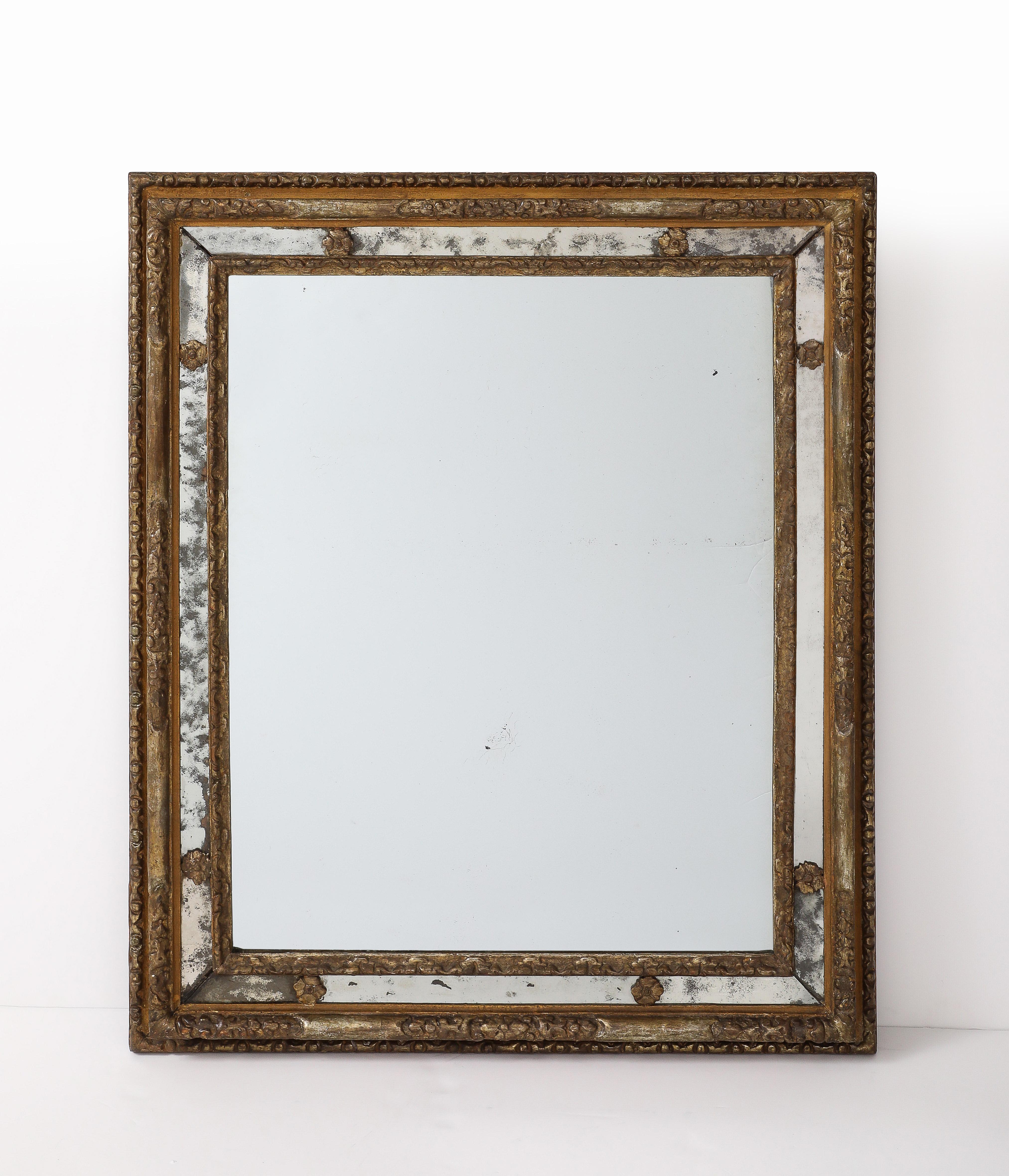 Hand-Carved 18th C. Milanese Mirror with Gold Gilt Ornamentation, Antique Glass, Italy