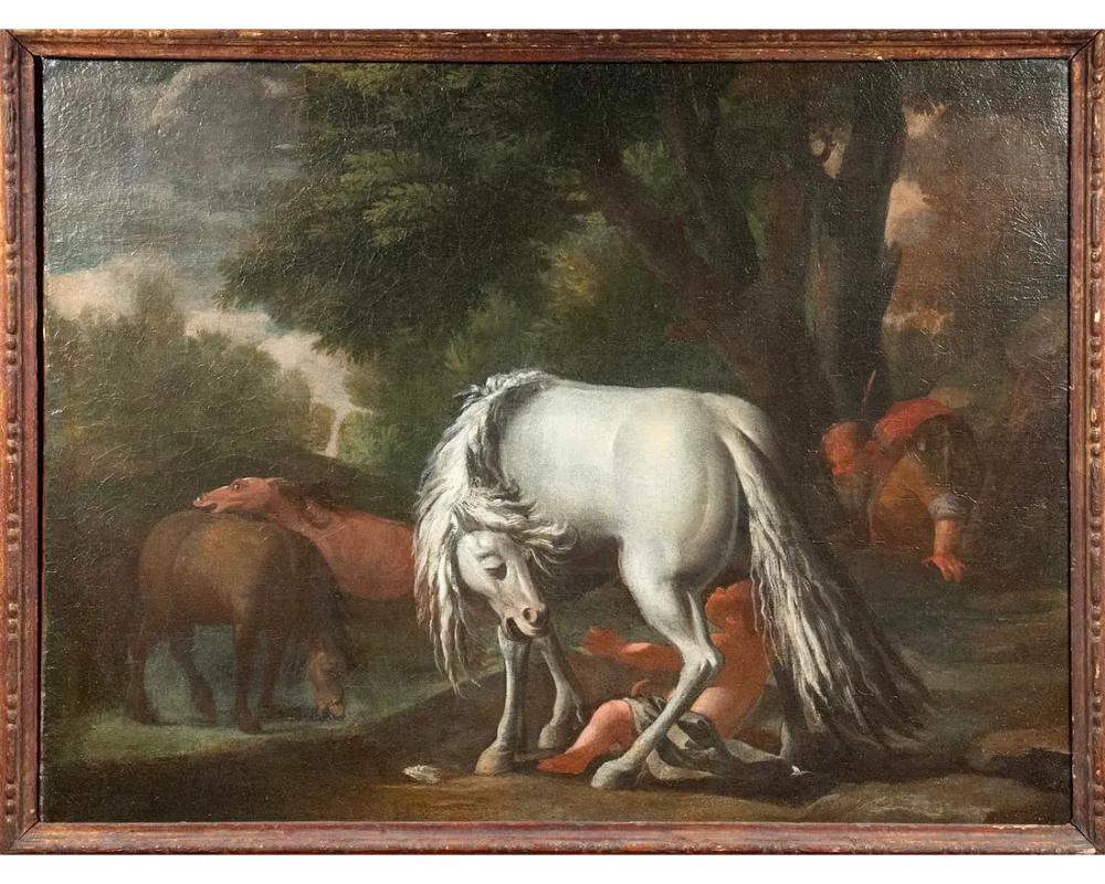 Early 18th c. German School View of a Frightened White Horse trampling a semi-nude female figure in a forest, herd of wild horses to left, an ancient bearded man on right, oil on linen over lap joint stretcher, unsigned, in ornate original gold