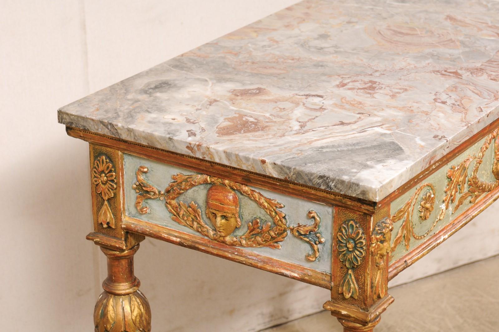 18th Century and Earlier 18th Century Neoclassic Italian Carved & Painted Wood Console with Marble