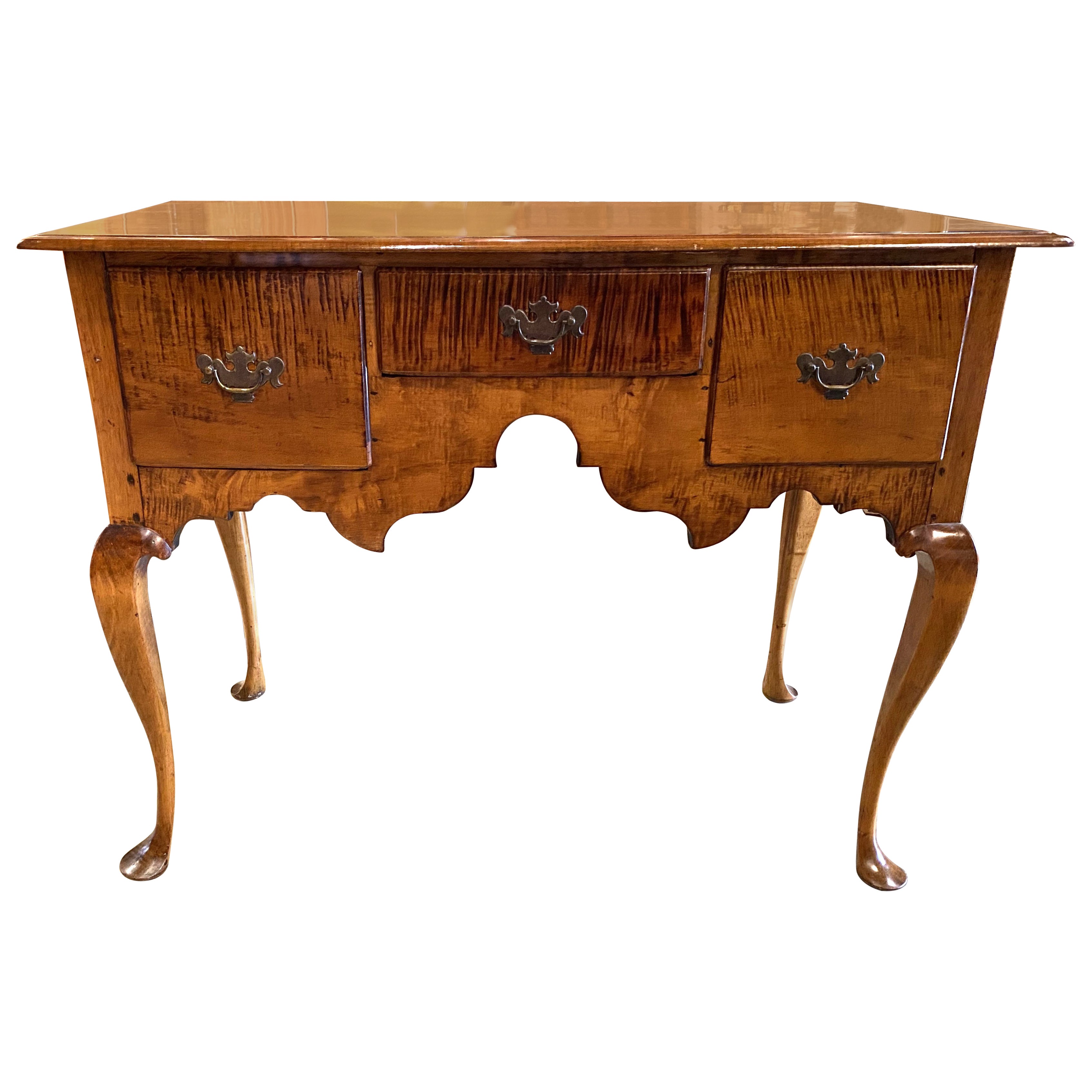 18th c New England Queen Anne Tiger Maple Lowboy or Server from a Highboy Base