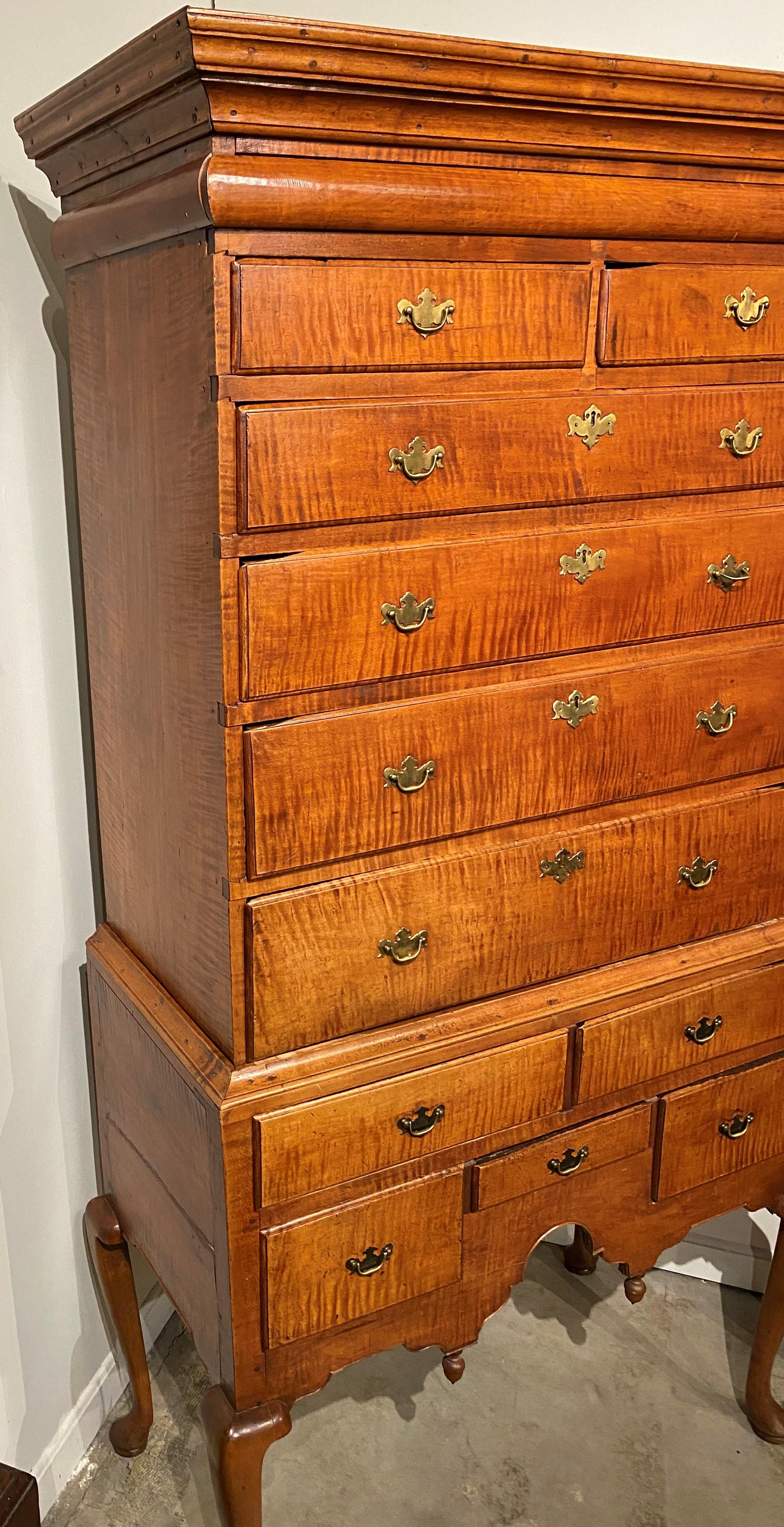 Federal 18th Century New England Tiger Maple Highboy with Document Drawer