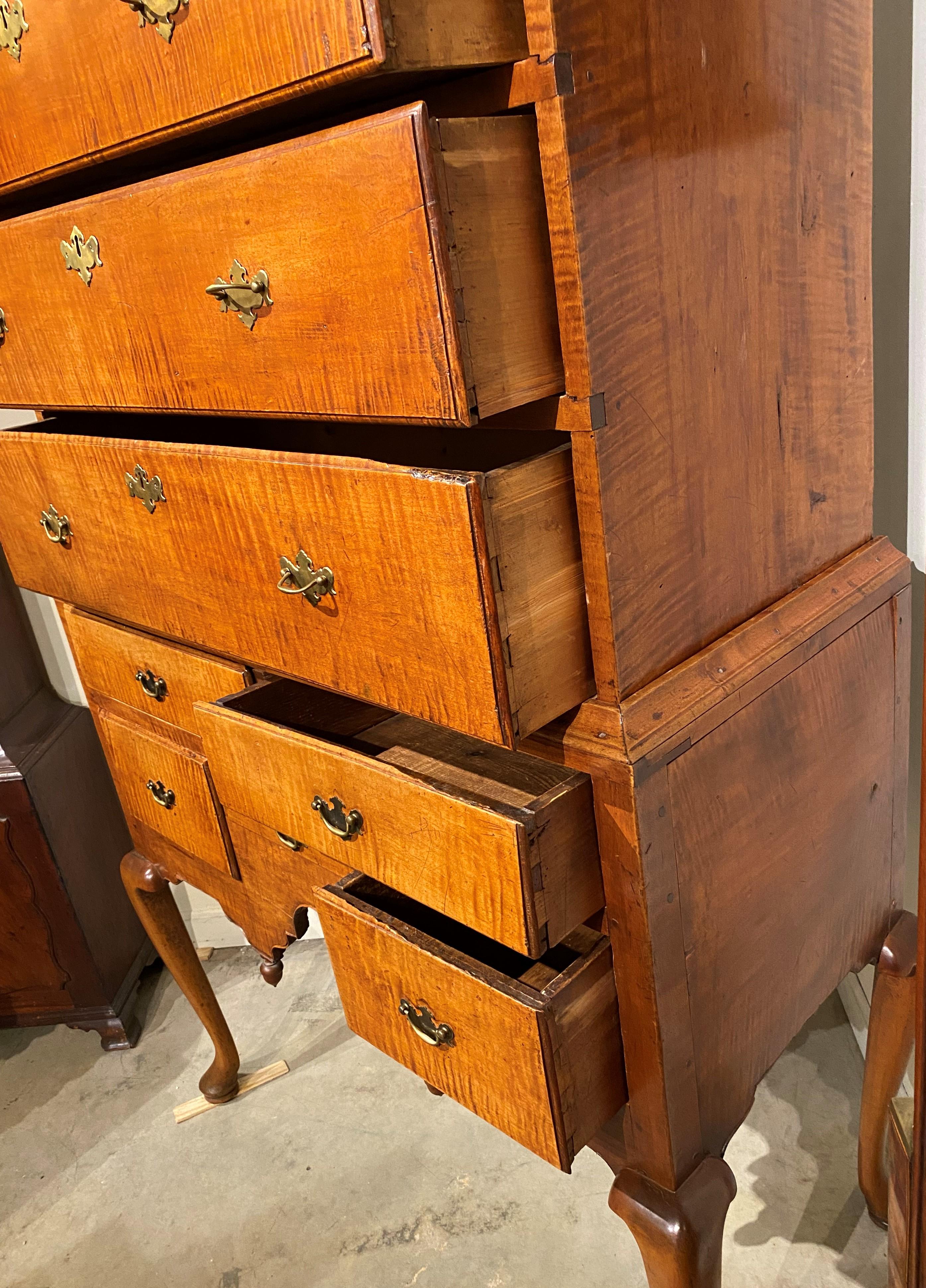 18th Century New England Tiger Maple Highboy with Document Drawer In Good Condition In Milford, NH