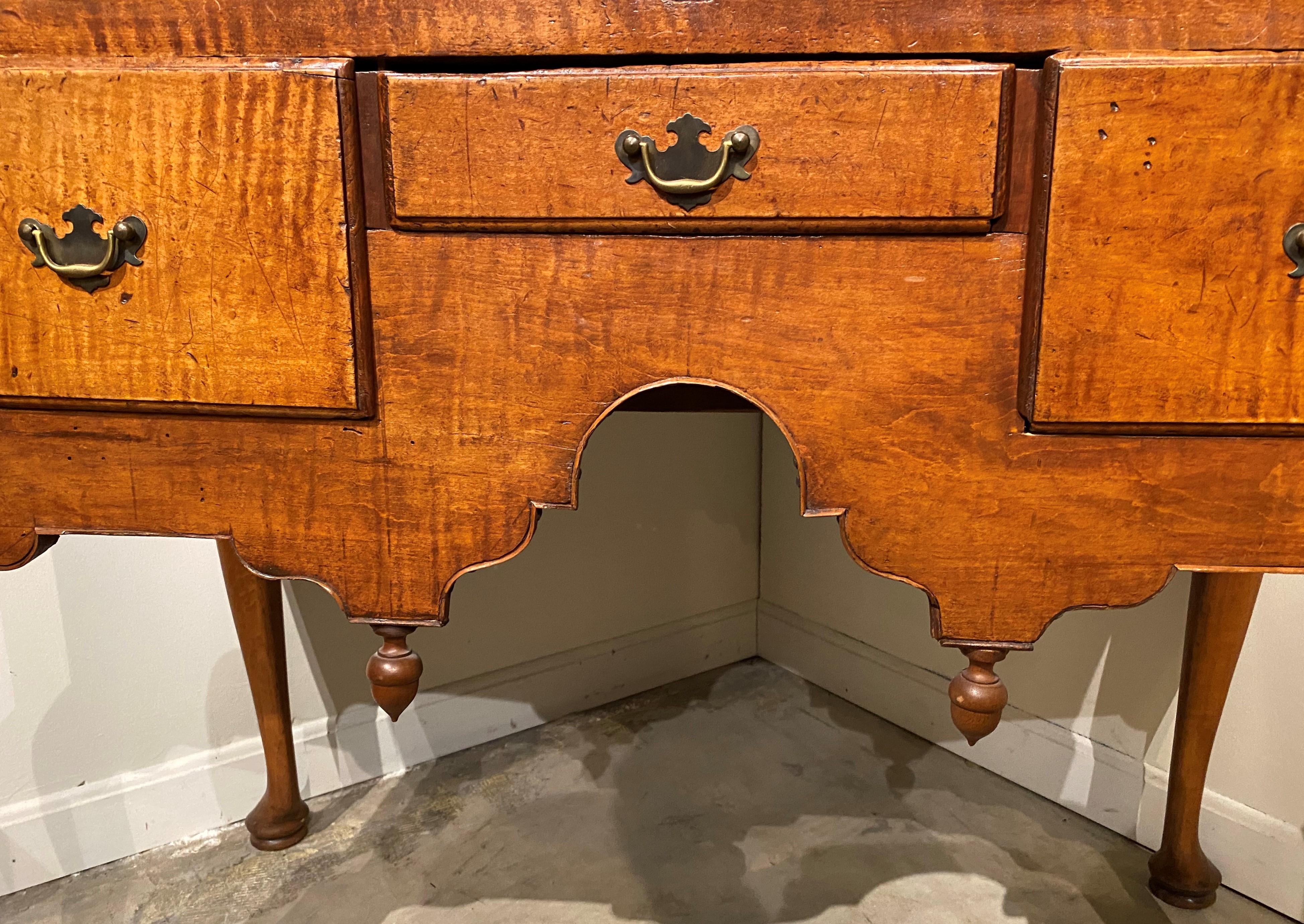 Brass 18th Century New England Tiger Maple Highboy with Document Drawer