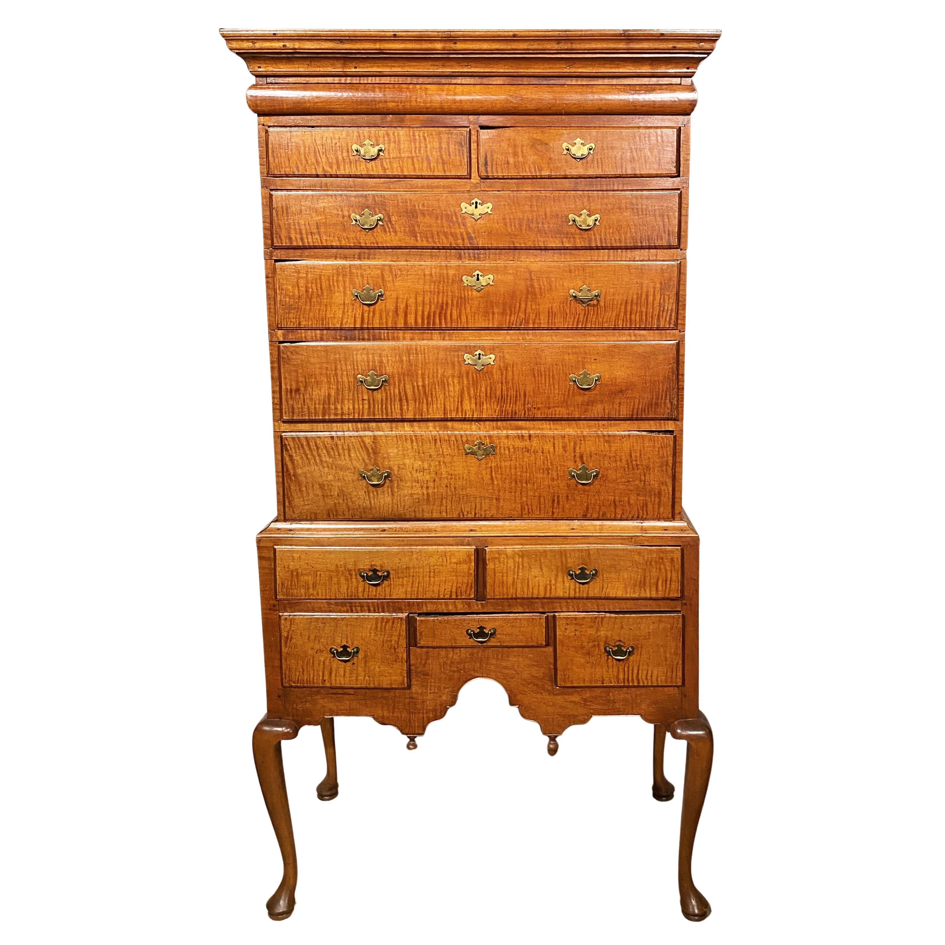 18th Century New England Tiger Maple Highboy with Document Drawer