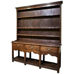 18th c Oak Pot Board Dresser with Rack and Original Wide Backboards