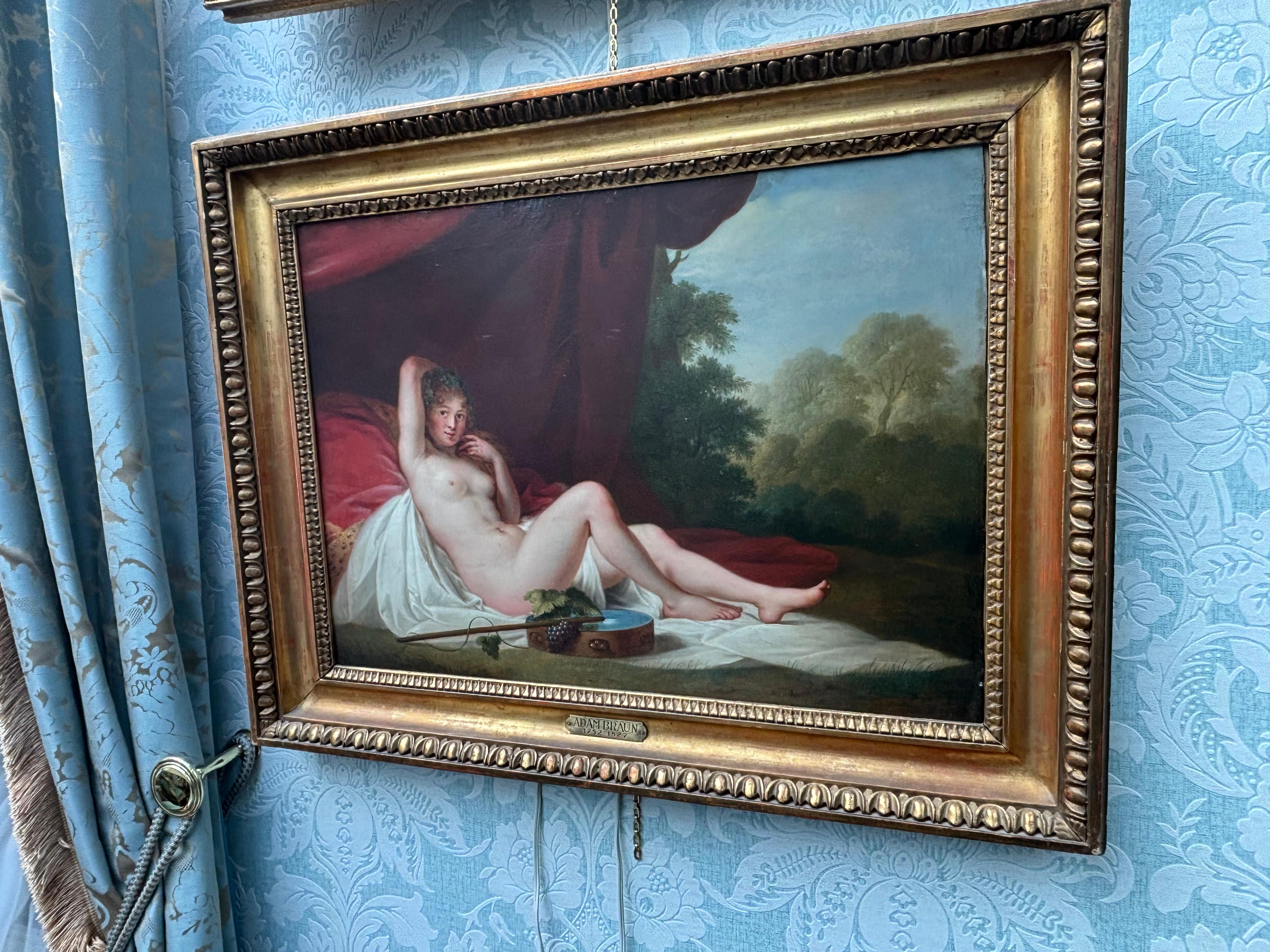 An exquisite and rare late 18th century oil on copper plate of a reclining nude by Austrian artist Adam J. Braun, (1748-1827) in the manner of Titian’s Venus of Urbino. Excerpt for a painting by the artist held at the highly acclaimed Royal