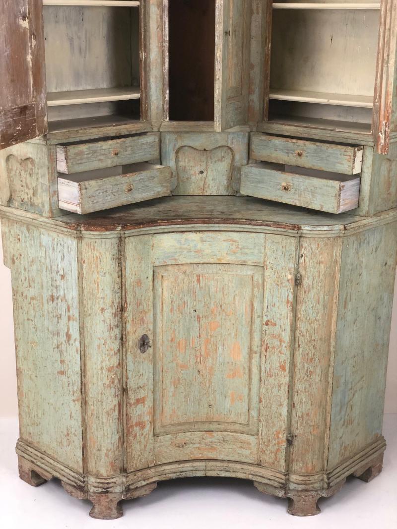 Painted 18th C. Original Paint Corner Cupboard with Clock