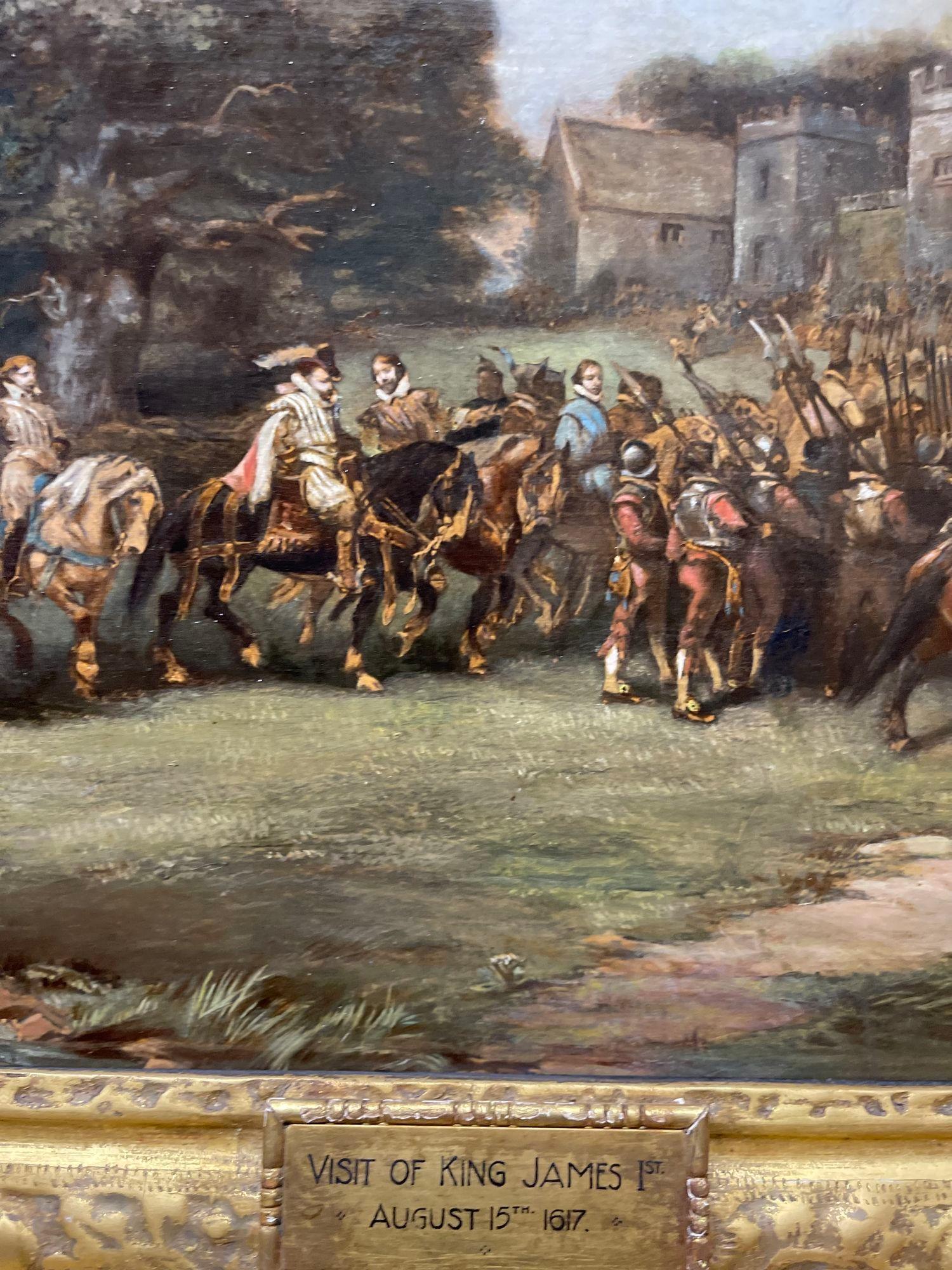 This exquisite 18th-century oil painting captures the historic moment of King James I visit to Hoghton Tower during his return from Scotland on August 15, 1617. The scene is richly detailed, showcasing the grandeur of the royal entourage and the