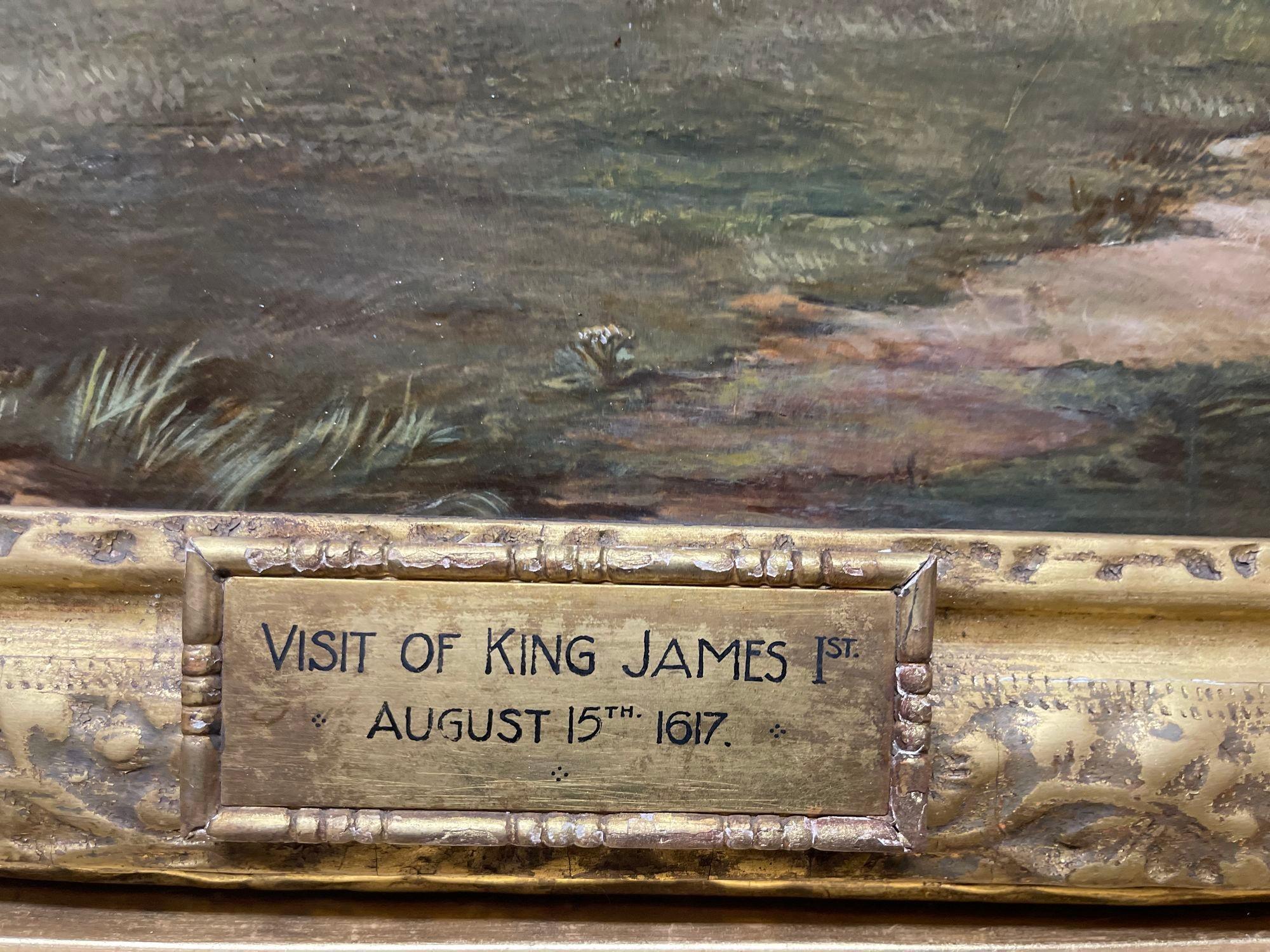 English 18th C. Painting on Canvas of King James I Visit to Hoghton Tower For Sale