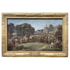 Peinture sur toile du 18e C. représentant la visite du roi James I.C. à la tour de Hoghton