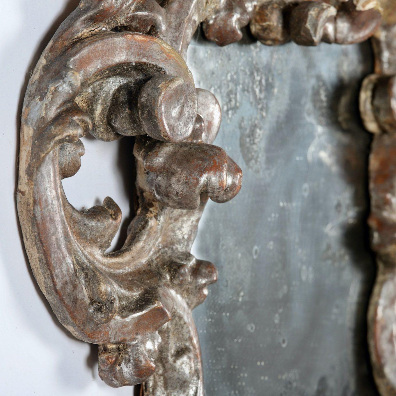 18th c. Pair Italian Baroque Mirrors with Original Silver Leaf and Mirror Plates For Sale 7