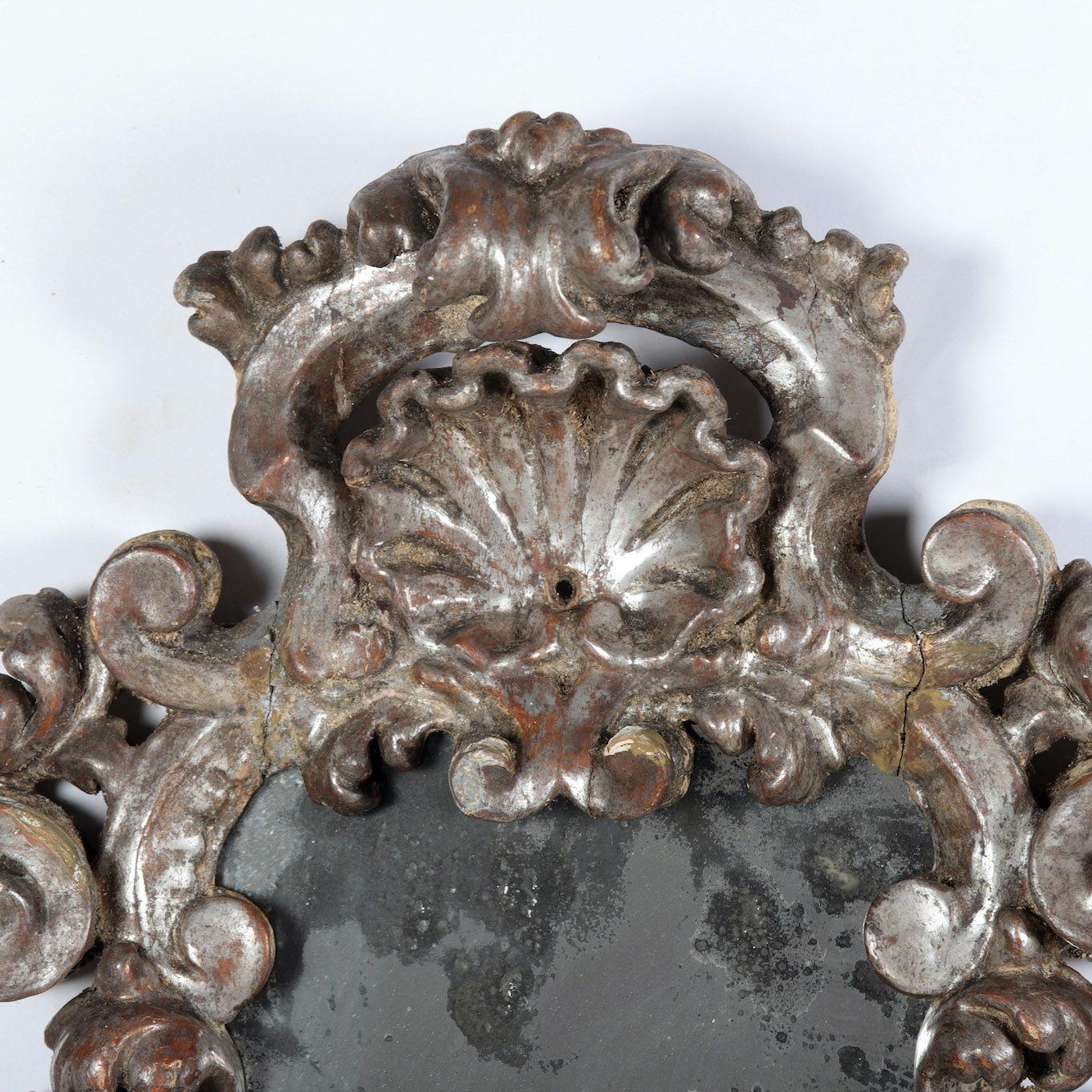 Hand-Crafted 18th c. Pair Italian Baroque Mirrors with Original Silver Leaf and Mirror Plates For Sale