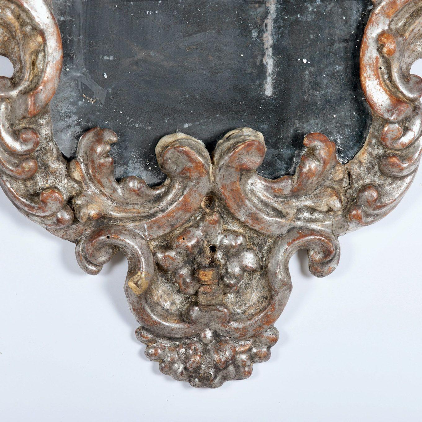 18th c. Pair Italian Baroque Mirrors with Original Silver Leaf and Mirror Plates For Sale 4