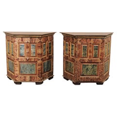 18th C. Pair Italian Halved-Hexagon Consoles w/Storage, Faux-Marble Painted