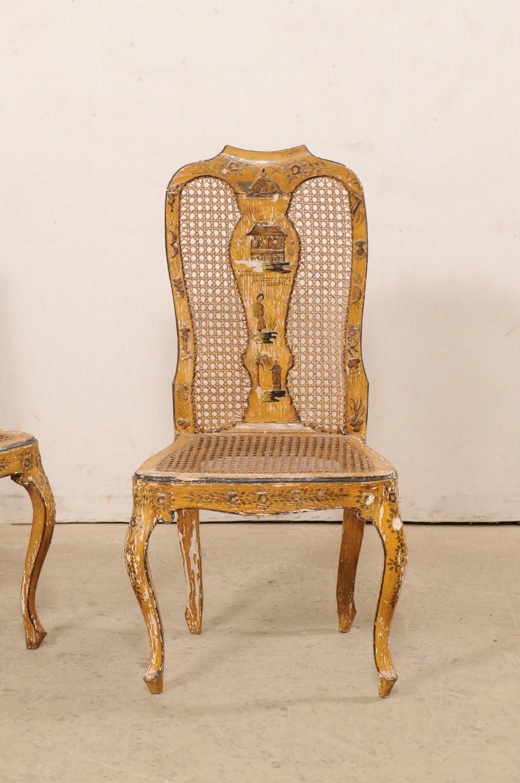 18th C. Pair of Italian Side Chairs w/Hand-Painted Chinoiserie & Caning In Good Condition For Sale In Atlanta, GA