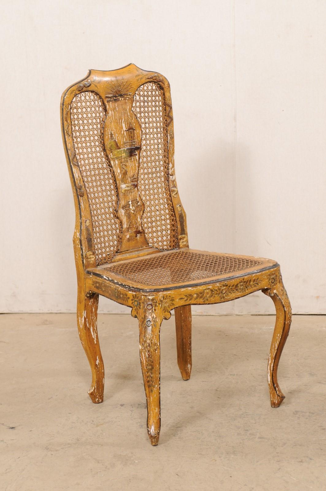 18th Century and Earlier 18th C. Pair of Italian Side Chairs w/Hand-Painted Chinoiserie & Caning For Sale
