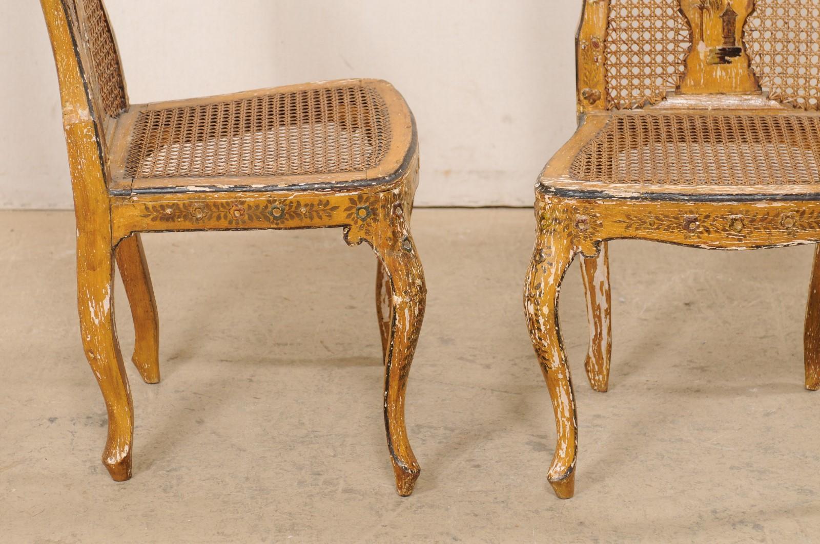 Cane 18th C. Pair of Italian Side Chairs w/Hand-Painted Chinoiserie & Caning For Sale