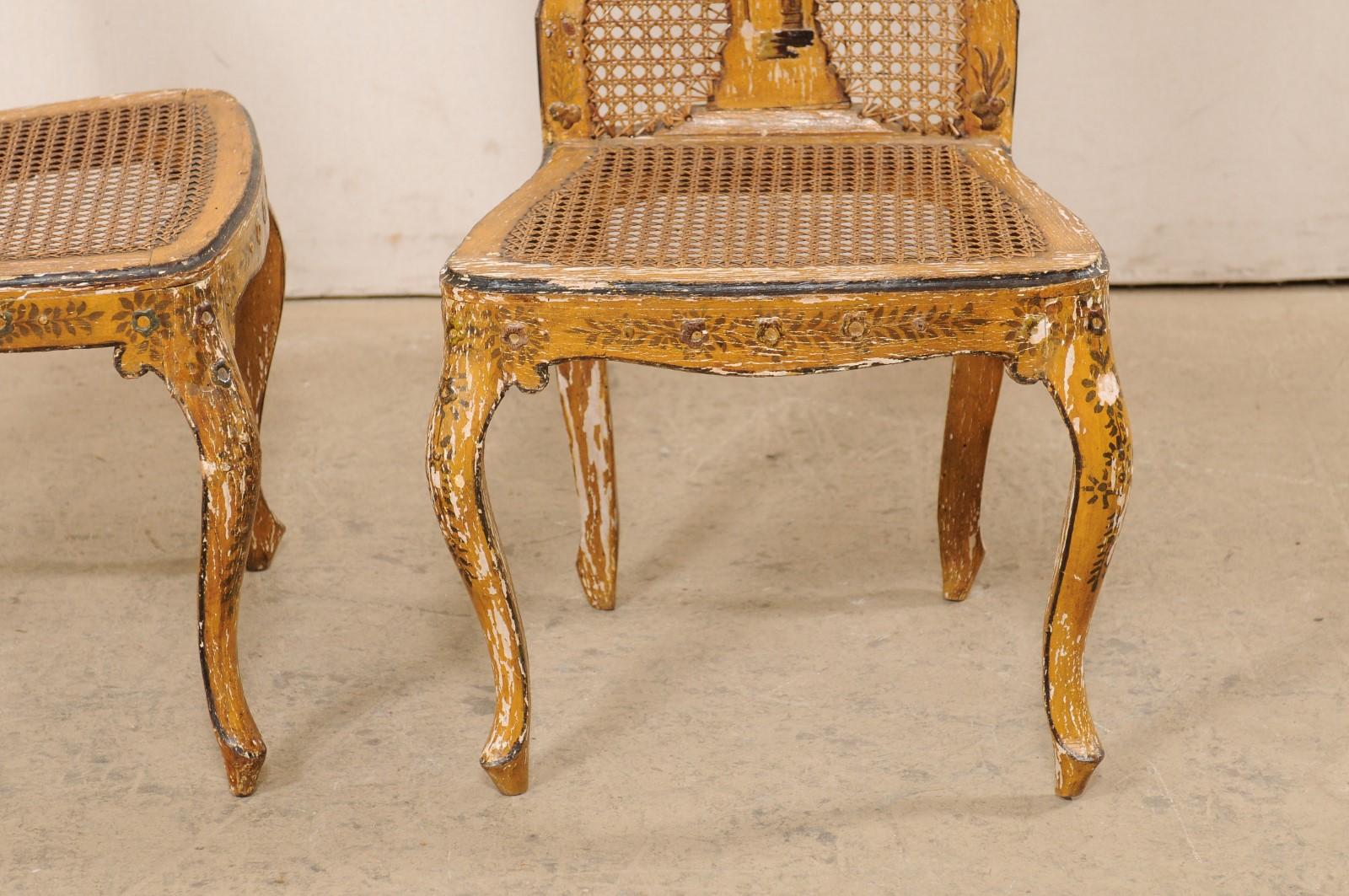 18th C. Pair of Italian Side Chairs w/Hand-Painted Chinoiserie & Caning For Sale 1