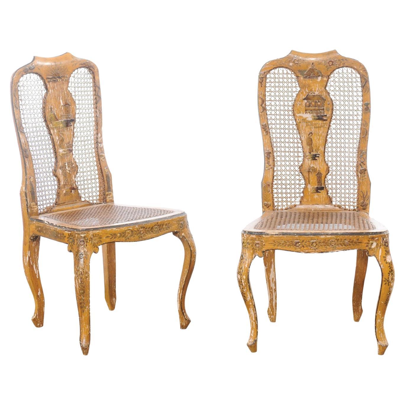 18th C. Pair of Italian Side Chairs w/Hand-Painted Chinoiserie & Caning