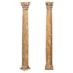 18th C. Pair of Italian Spiral-Carved Corinthian Columns, Standing