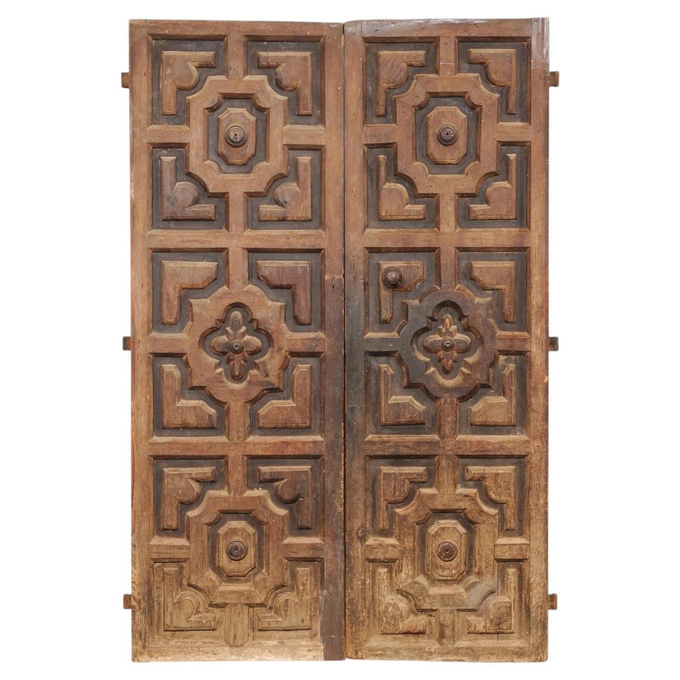 18th C. Pair of Spanish Geometric Paneled Wooden Doors