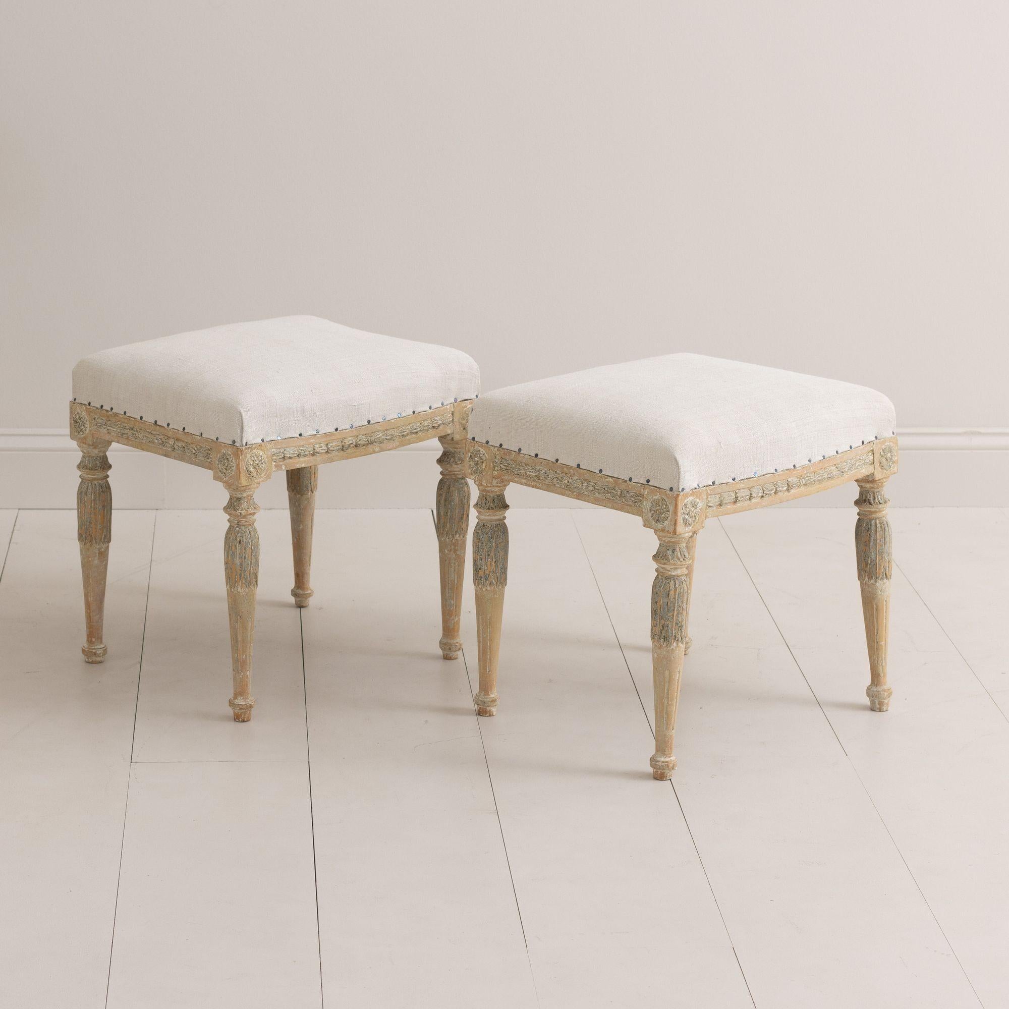 Hand-Carved 18th c. Pair of Swedish Gustavian Stools in Original Paint