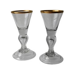 18th C pair of  Tall Wine Drinking Lead Glasses Solid Stem and air Tear, C 1750