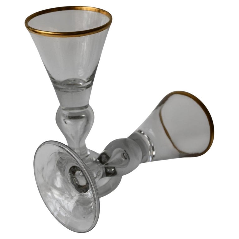 18th C pair of Tall Wine Drinking Lead Glasses Solid Stem and air Tear, C  1750
