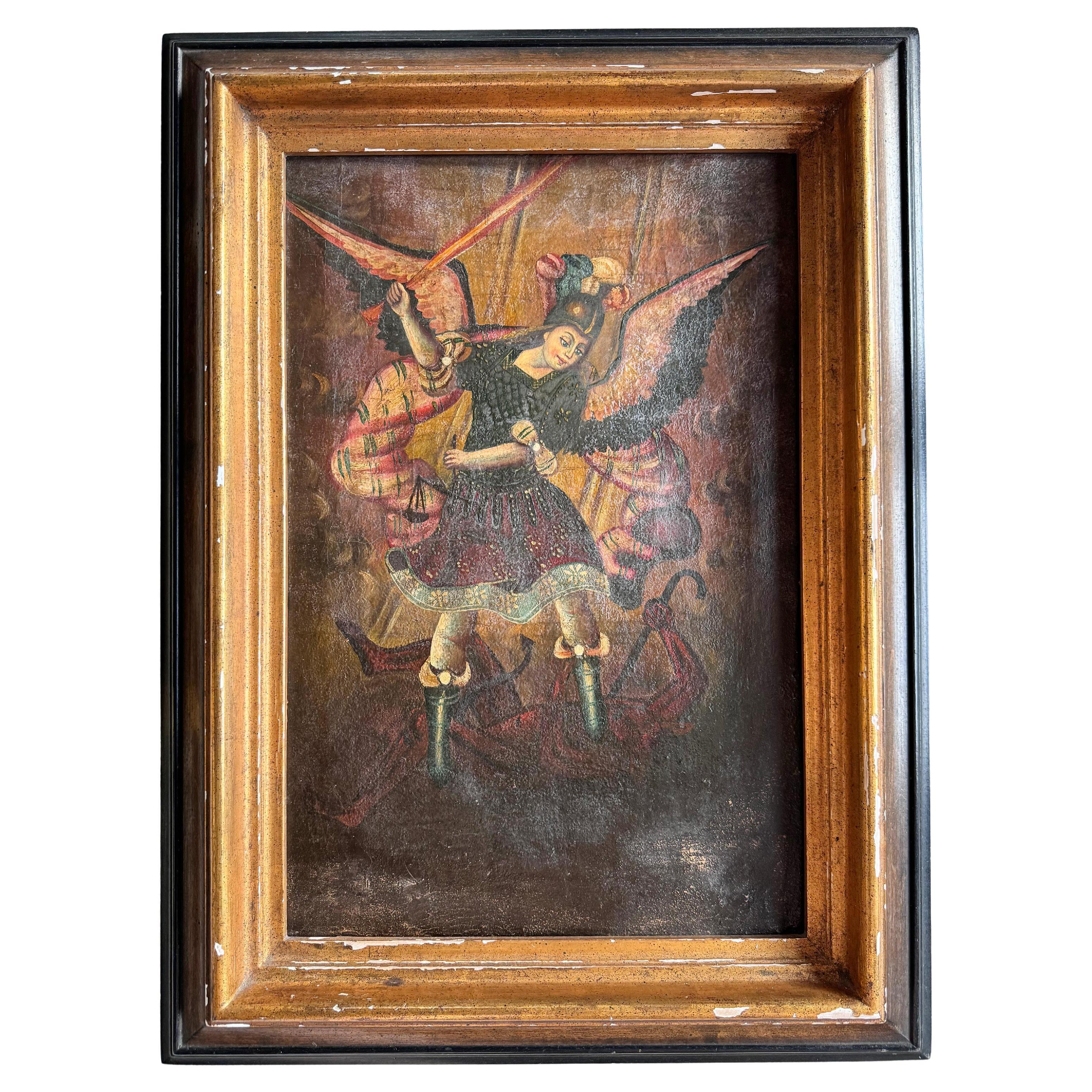 18th C Peruvian Cuzco School Oil on Canvas of Archangel Michael defeating Satan