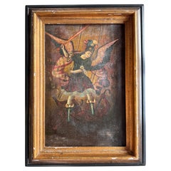 18th C Peruvian Cuzco School Oil on Canvas of Archangel Michael defeating Satan