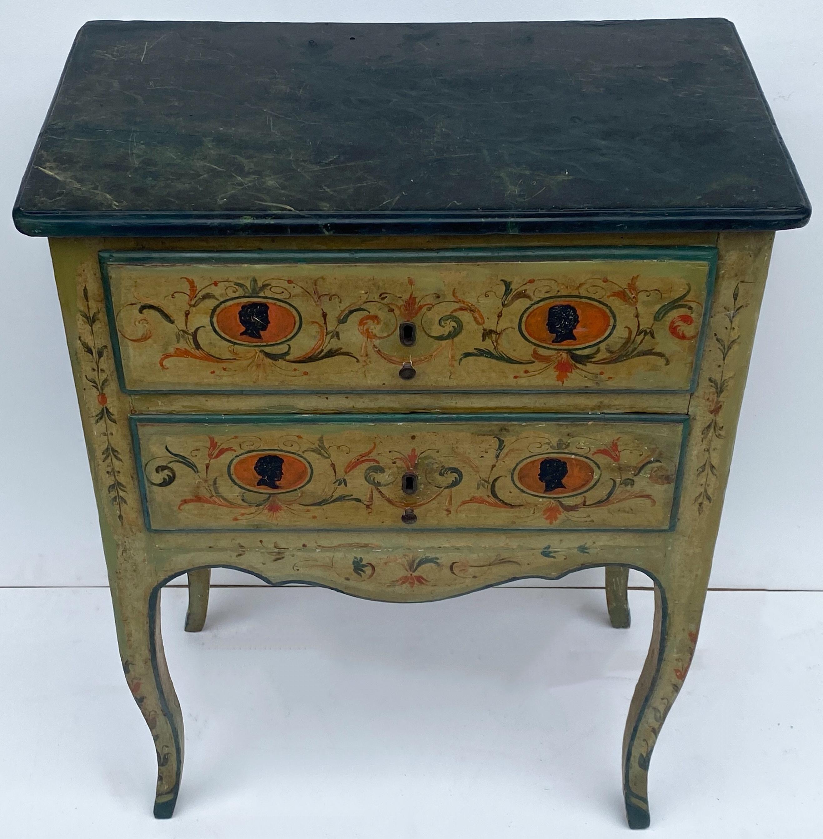 Petite Venetian Neoclassical Style Painted Commode with Faux Marble Top In Good Condition In Kennesaw, GA