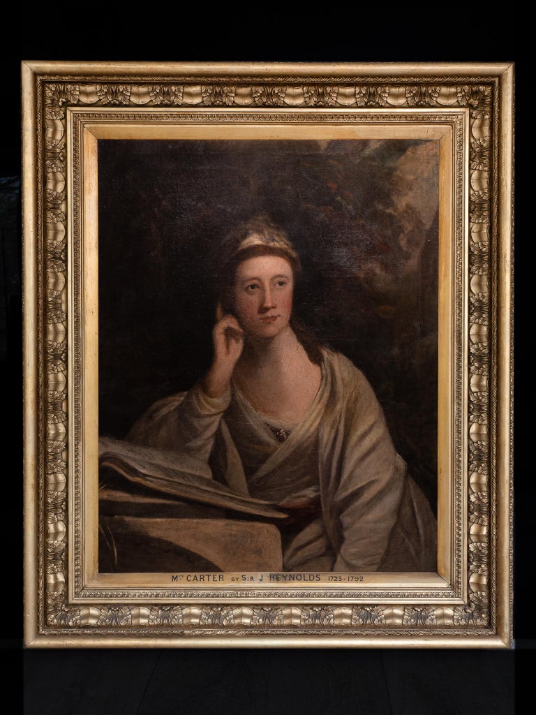 The artist portrayed an upper-class lady who has some facial features of Reynolds' Mrs Andrews. More specifically, the long, straight nose and the large eyes. Her head resting on her hand is reminiscent of the classic gestus melancholic. An open