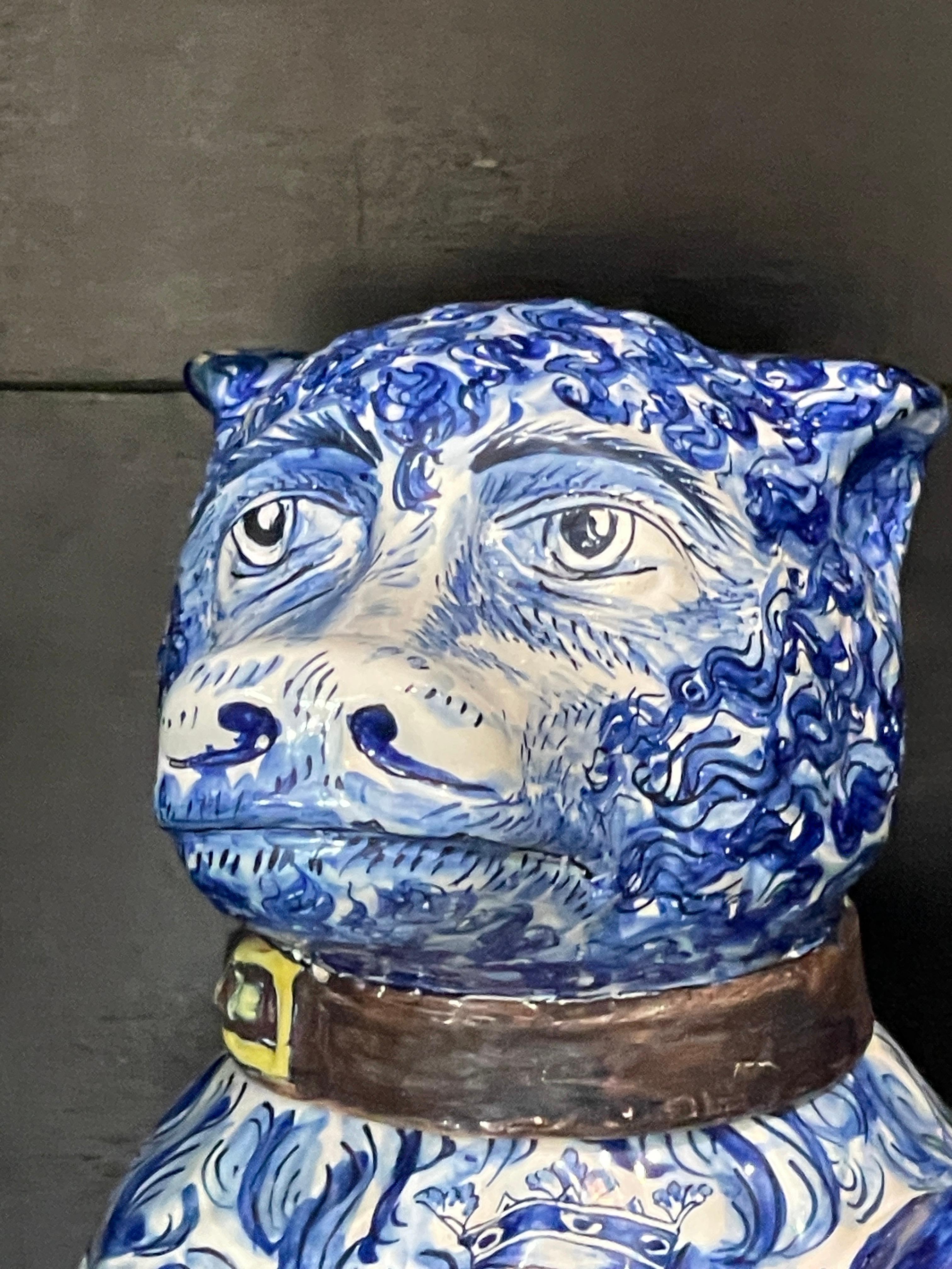 18th C. Portuguese  Blue & White Faience Figural Bear Container With Club, Rare 4