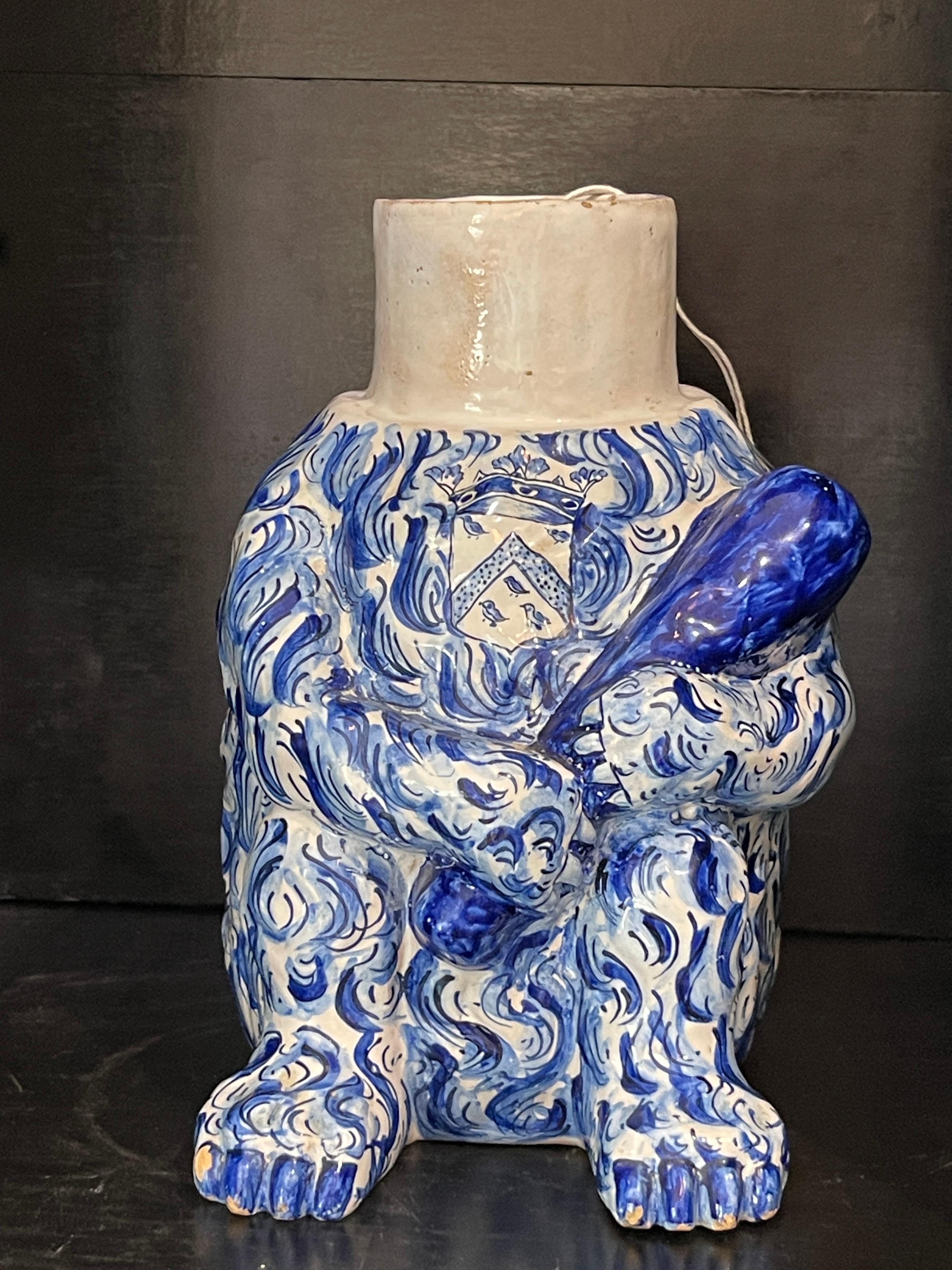 18th C. Portuguese  Blue & White Faience Figural Bear Container With Club, Rare 5