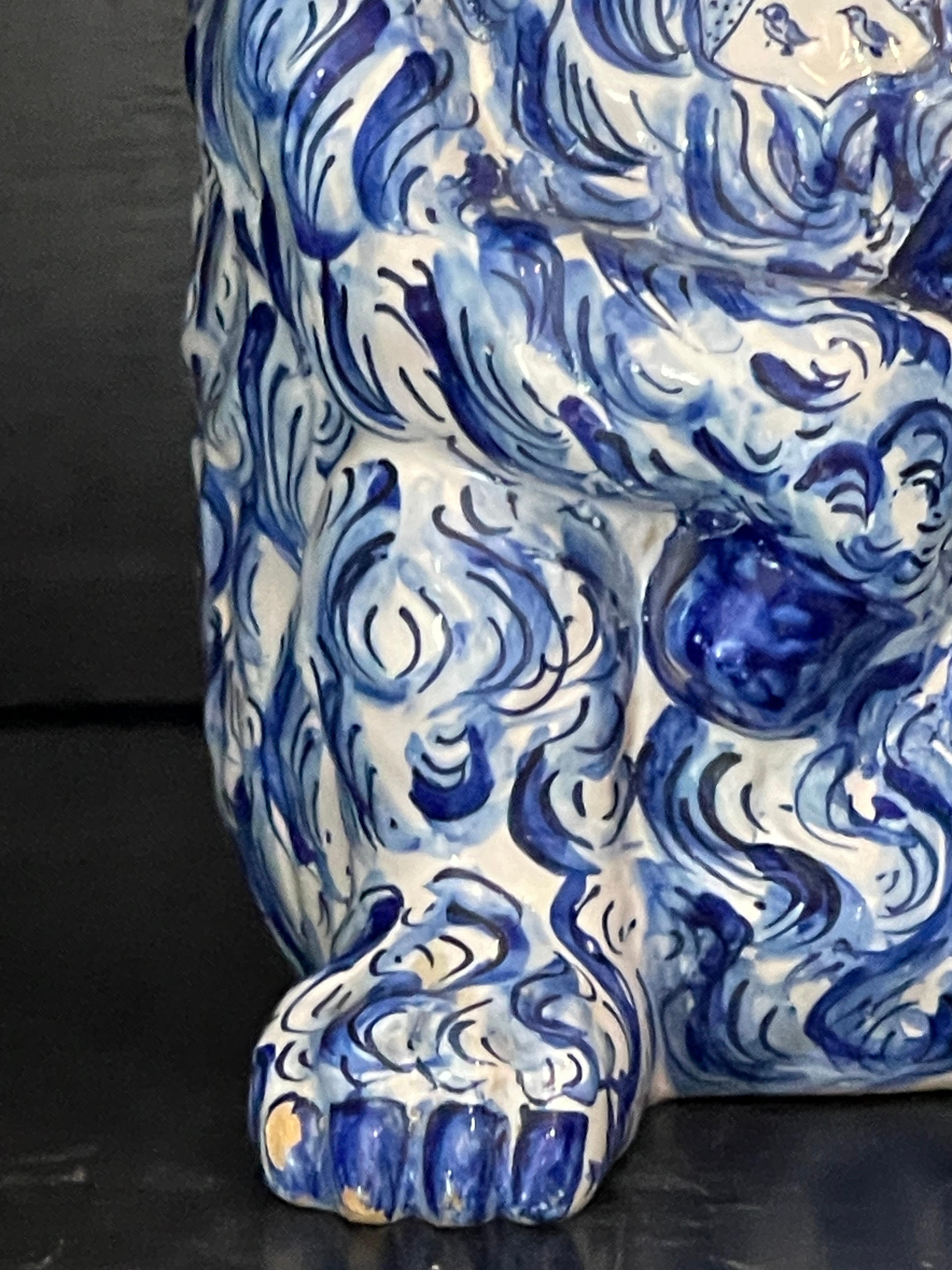 18th C. Portuguese  Blue & White Faience Figural Bear Container With Club, Rare 6