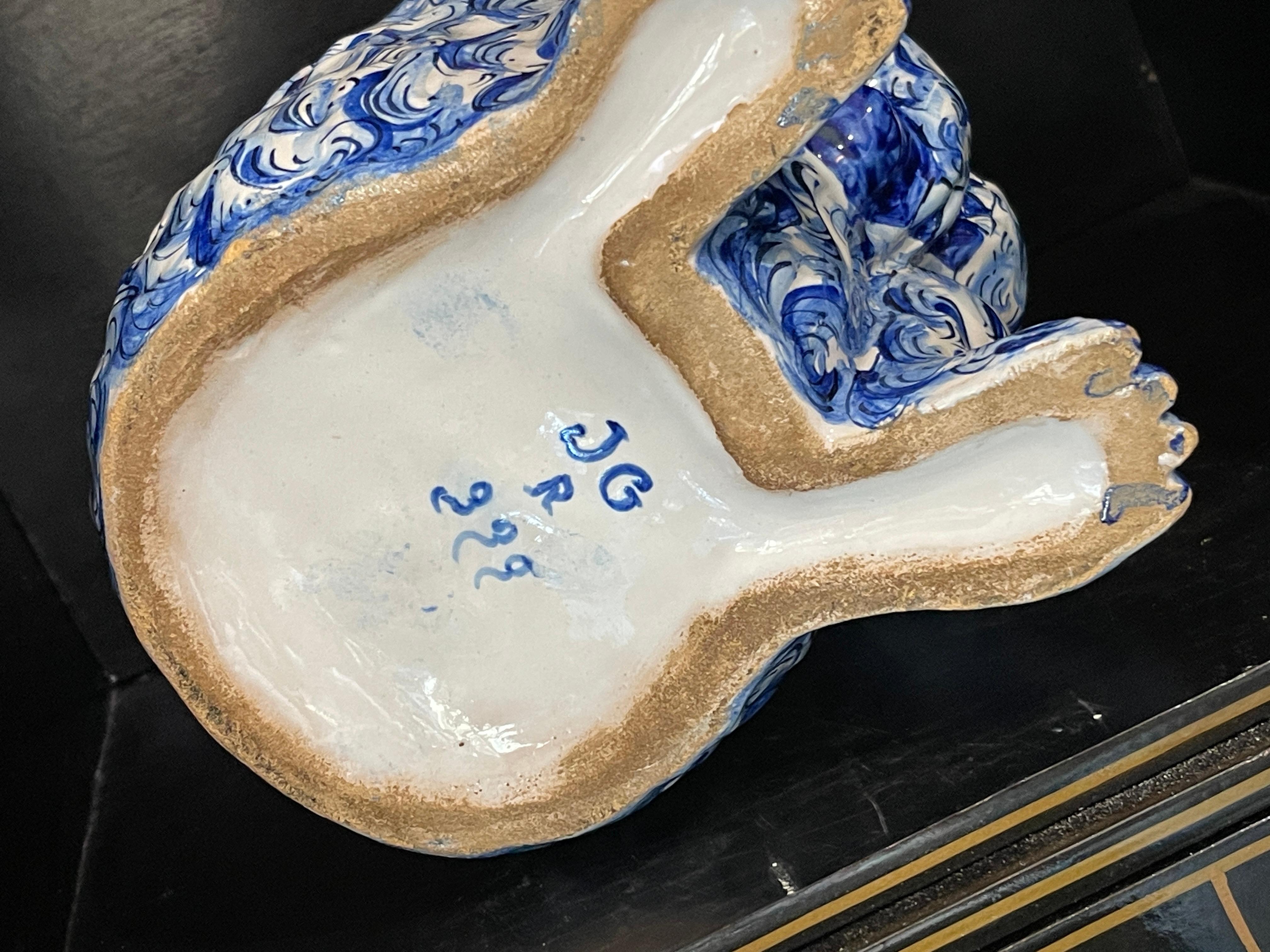 18th C. Portuguese  Blue & White Faience Figural Bear Container With Club, Rare 11