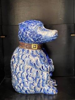 18th C. Portuguese Blue & White Faience Figural Bear Container With Club, Rare