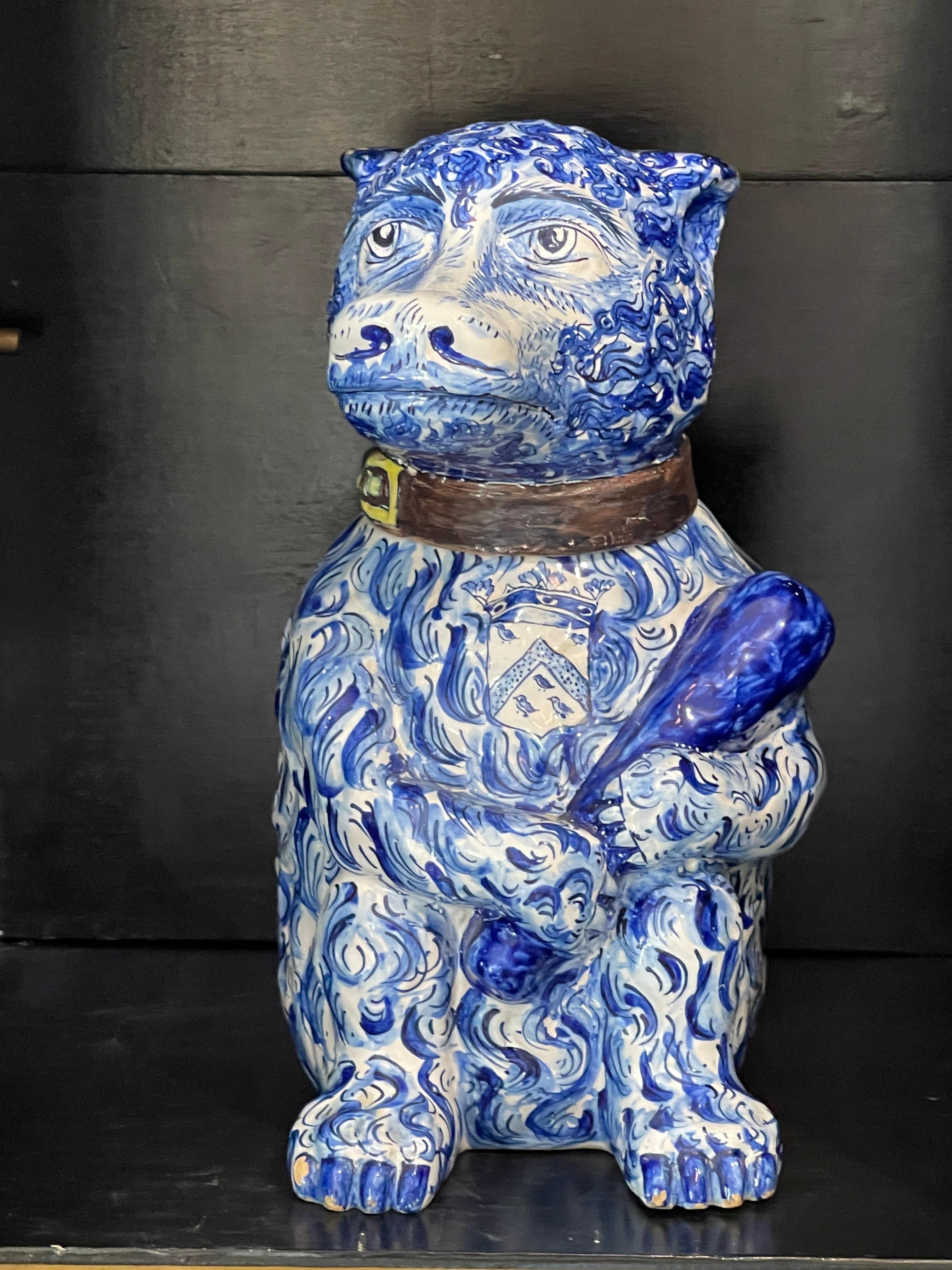 Hand-Crafted 18th C. Portuguese  Blue & White Faience Figural Bear Container With Club, Rare