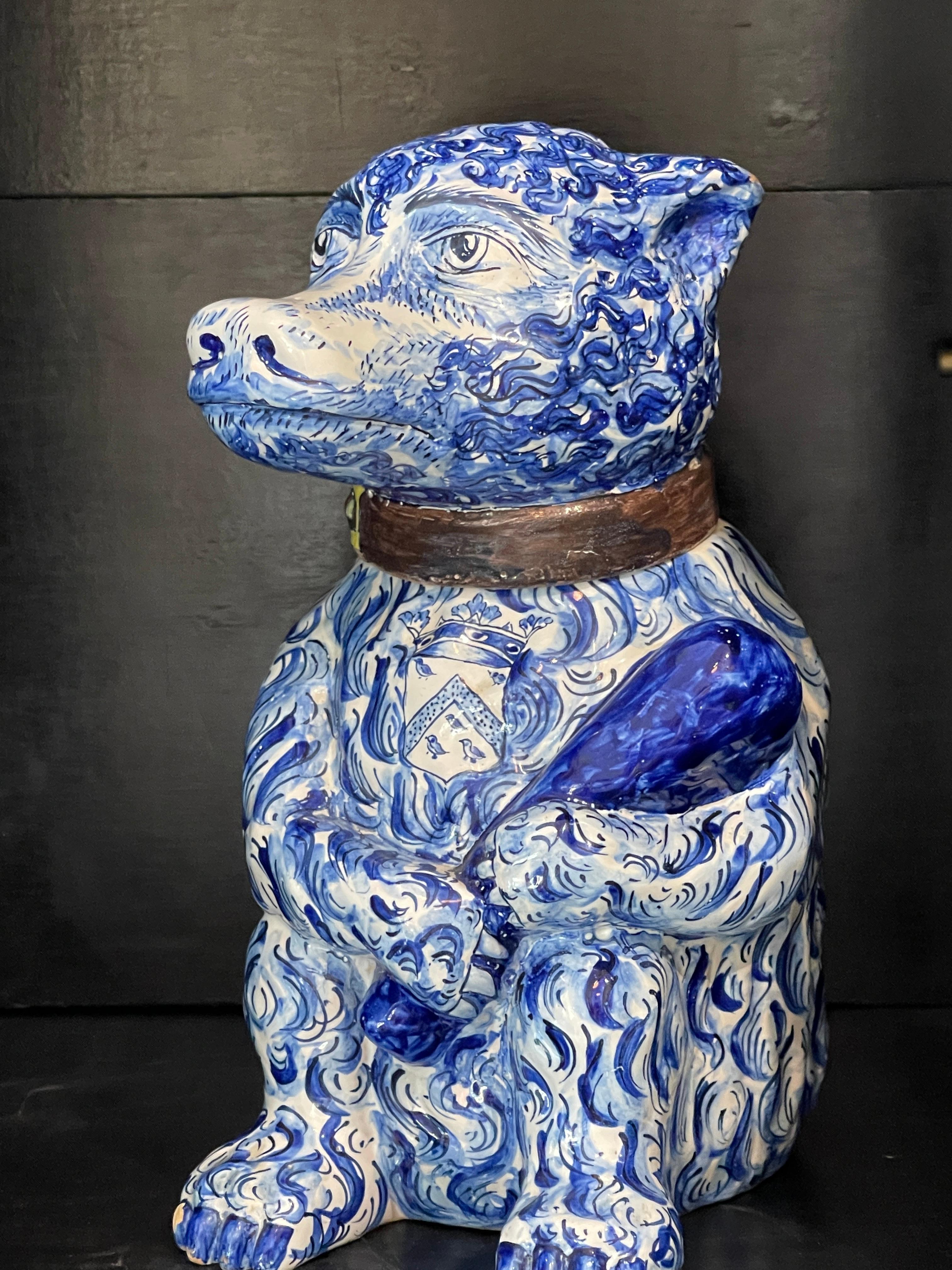 18th C. Portuguese  Blue & White Faience Figural Bear Container With Club, Rare In Good Condition In West Palm Beach, FL