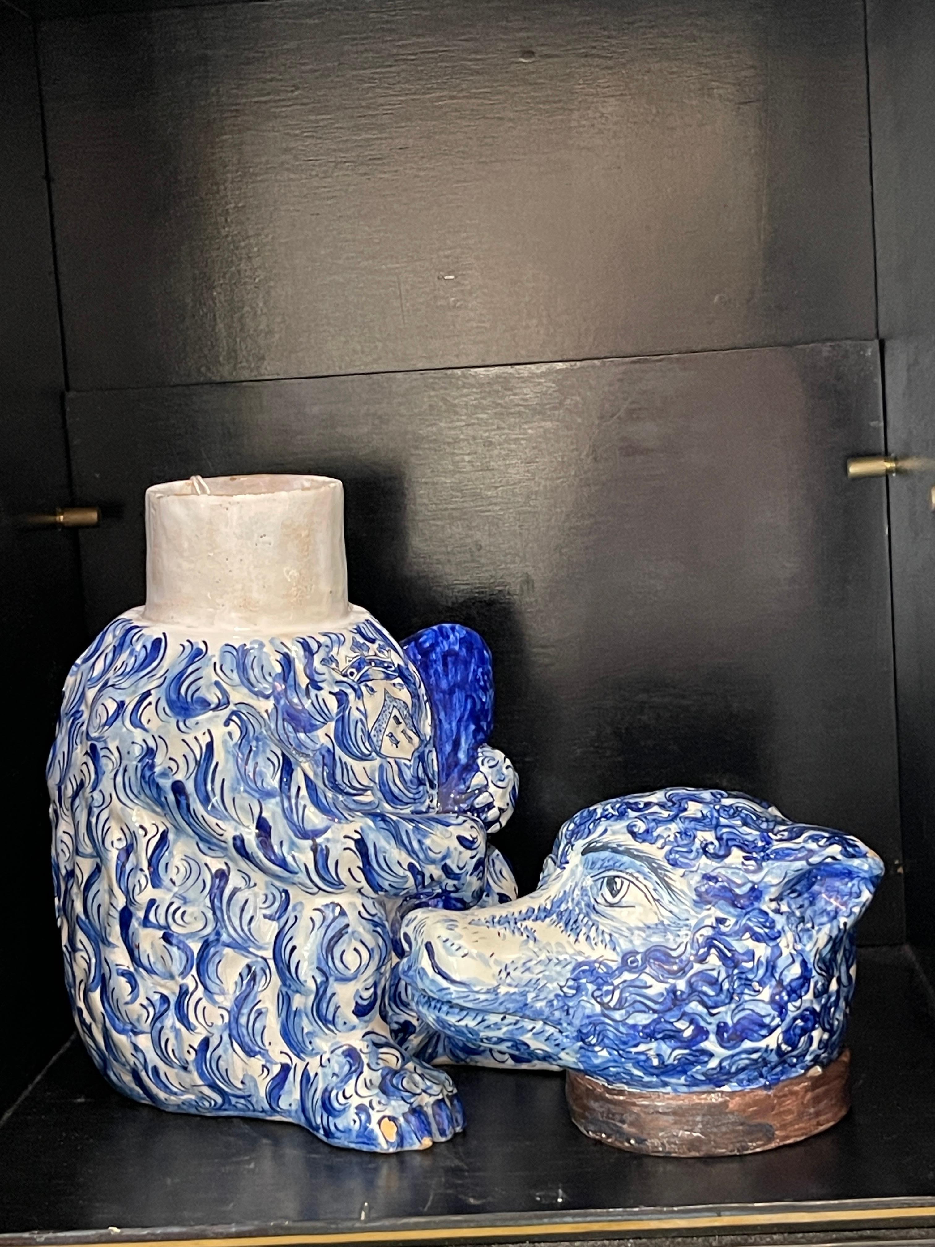 18th Century 18th C. Portuguese  Blue & White Faience Figural Bear Container With Club, Rare