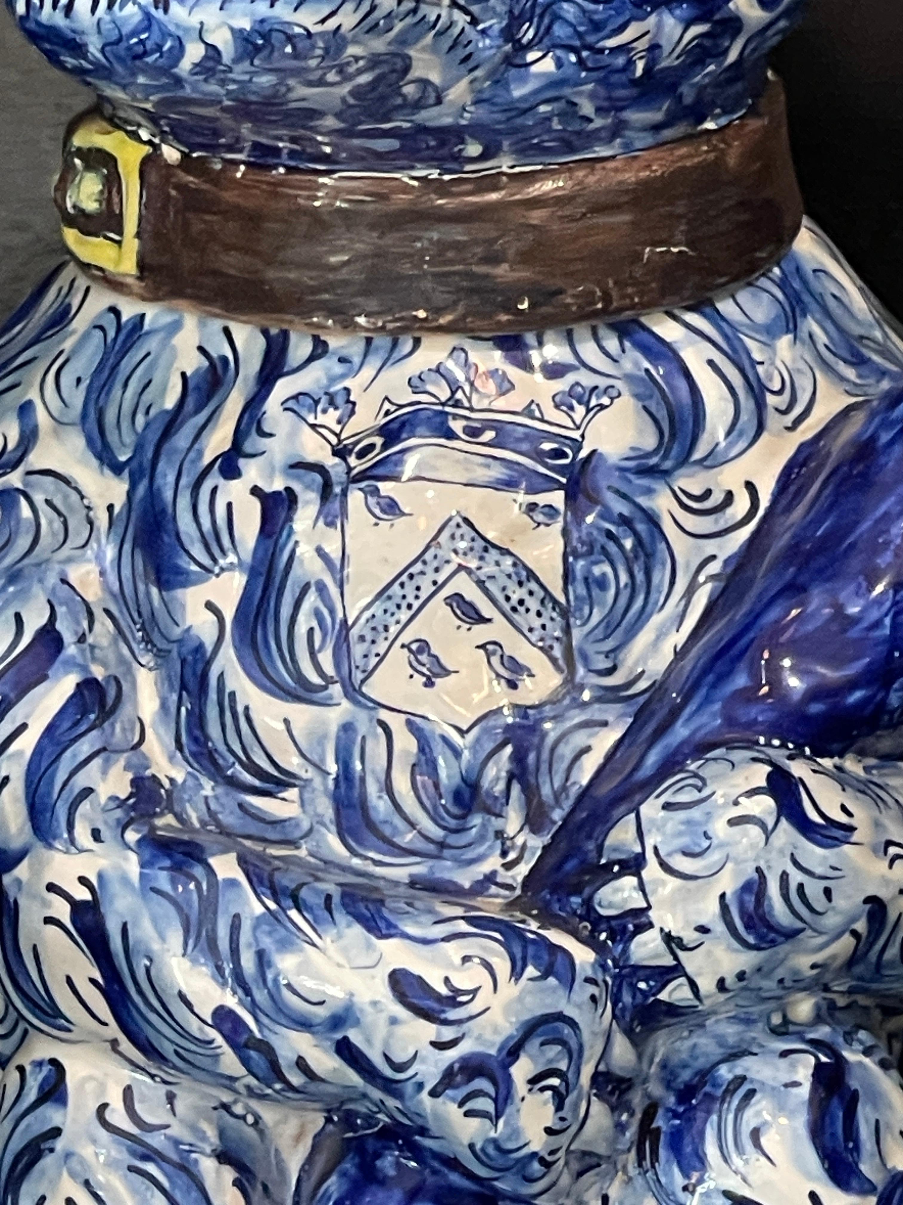 18th C. Portuguese  Blue & White Faience Figural Bear Container With Club, Rare 1