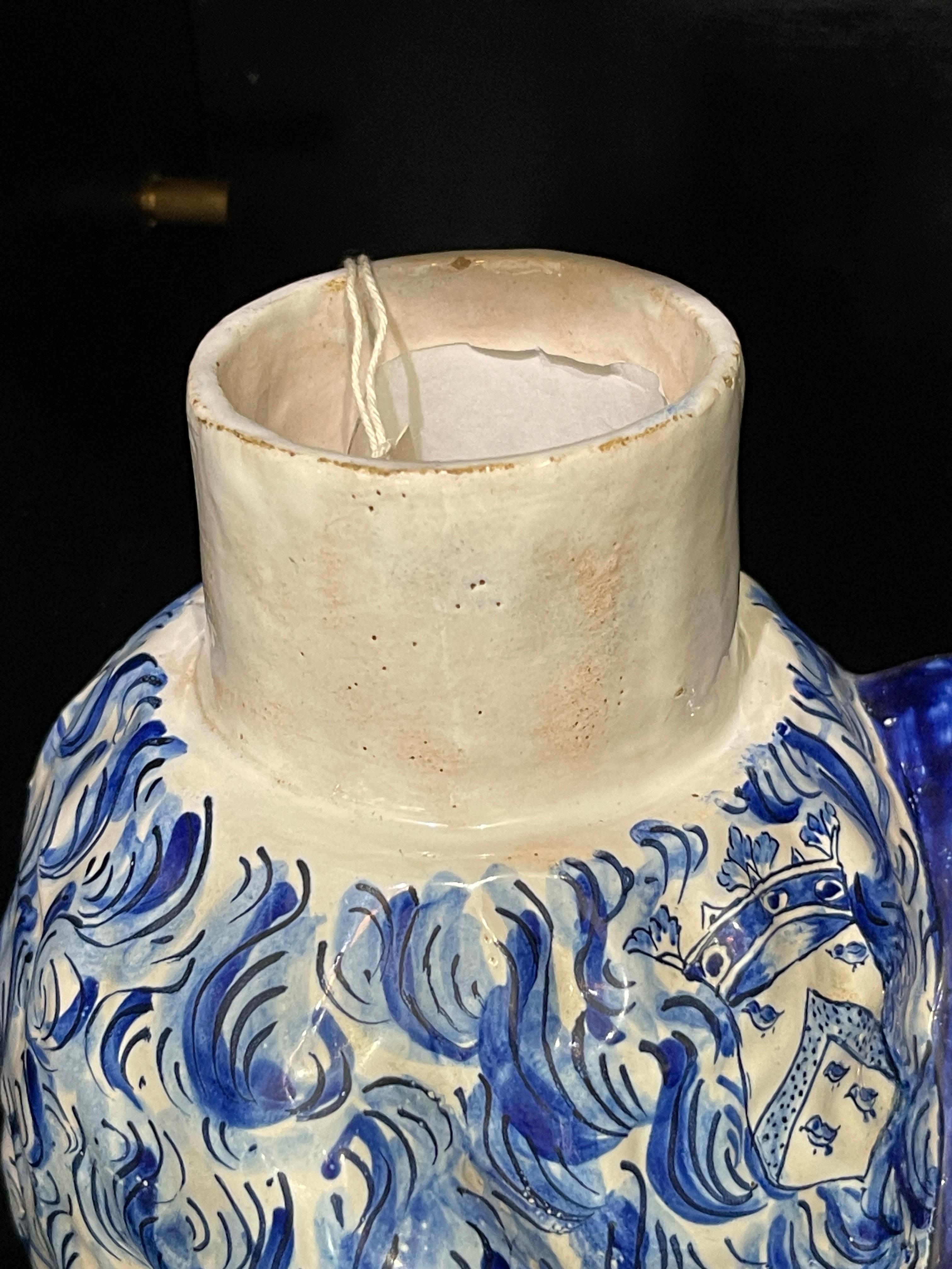 18th C. Portuguese  Blue & White Faience Figural Bear Container With Club, Rare 3