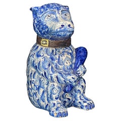 18th C. Portuguese  Blue & White Faience Figural Bear Container With Club, Rare
