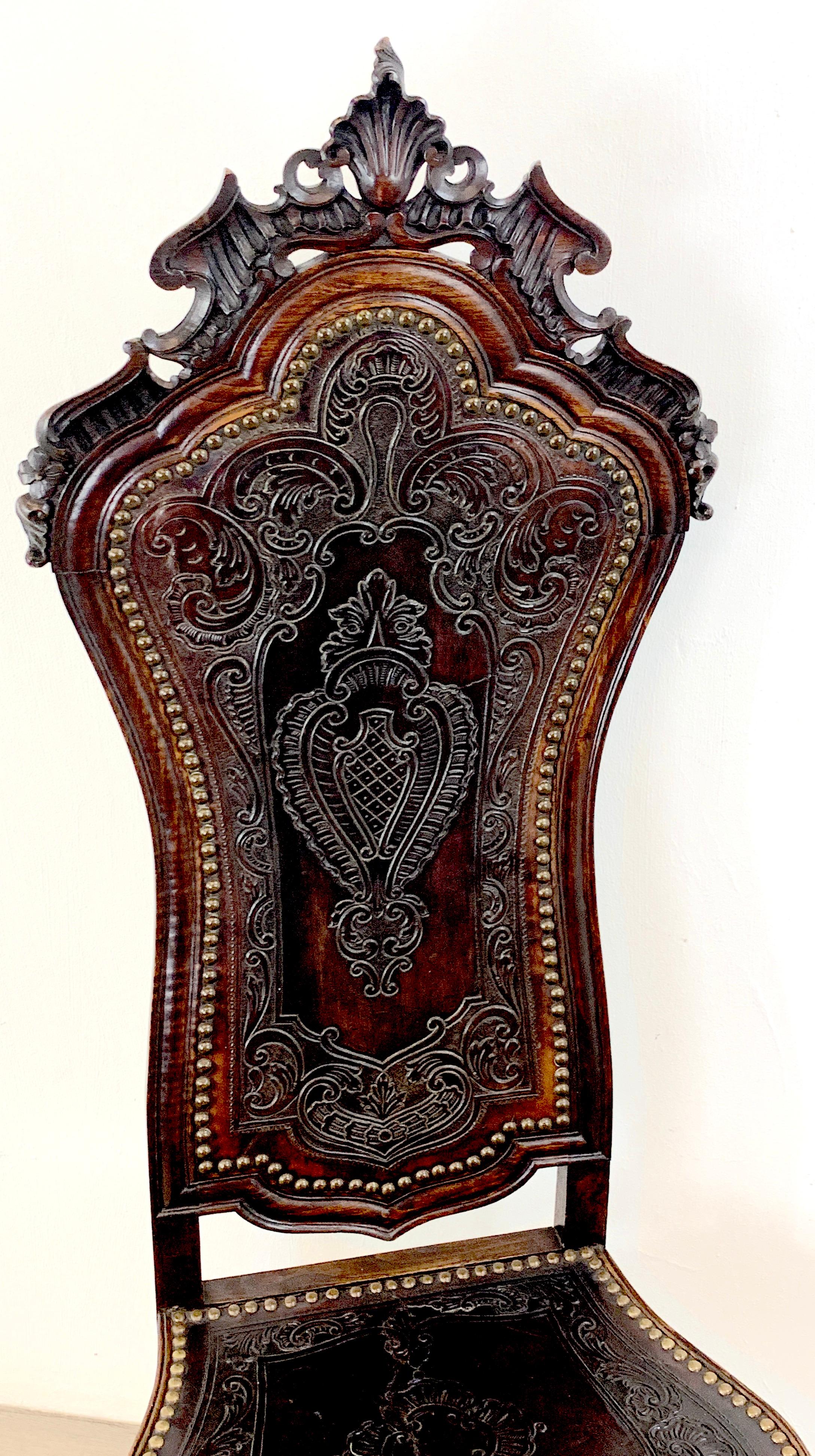 Baroque 18th C Portuguese Carved Mahogany and Embossed Leather Highback Chair For Sale