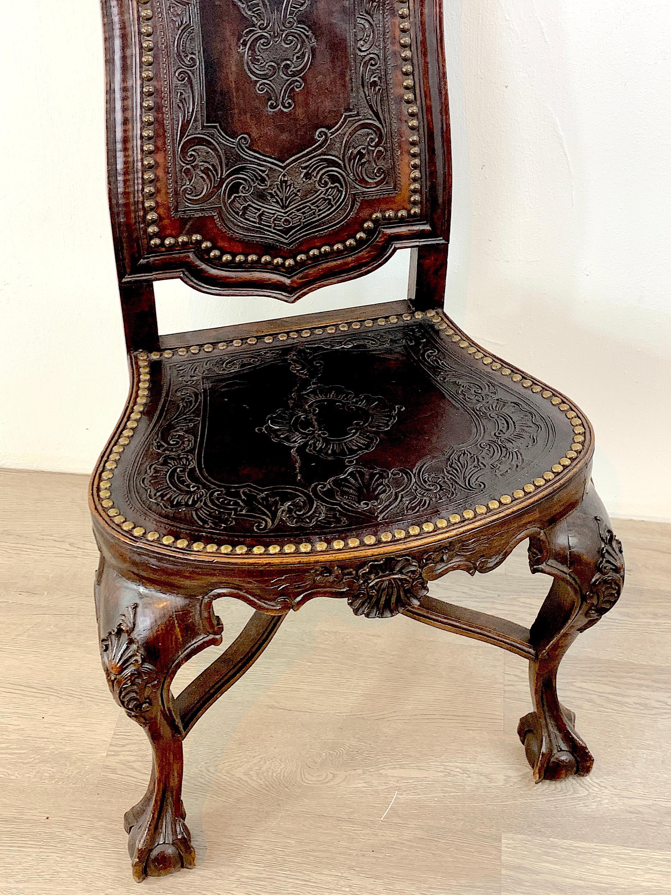 Hand-Carved 18th C Portuguese Carved Mahogany and Embossed Leather Highback Chair