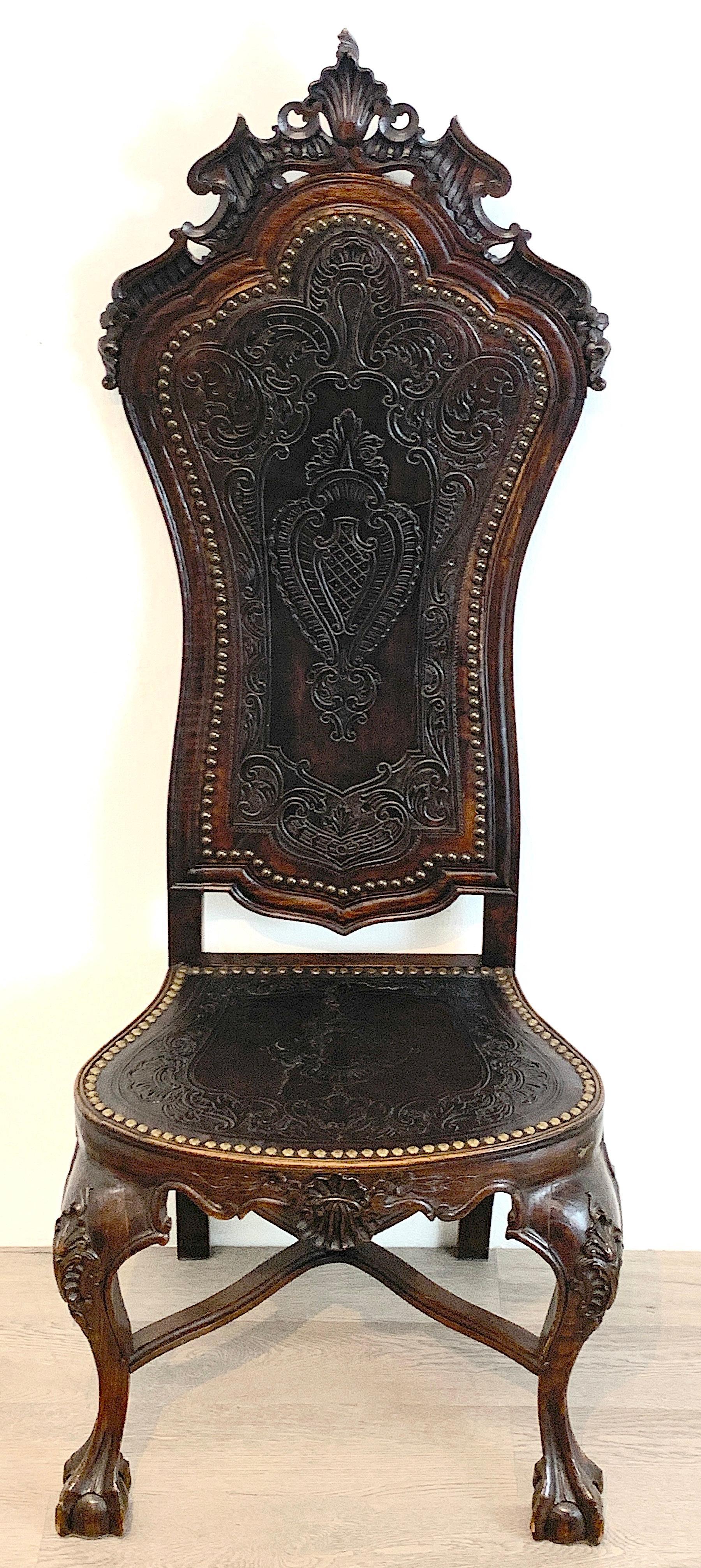 18th Century 18th C Portuguese Carved Mahogany and Embossed Leather Highback Chair