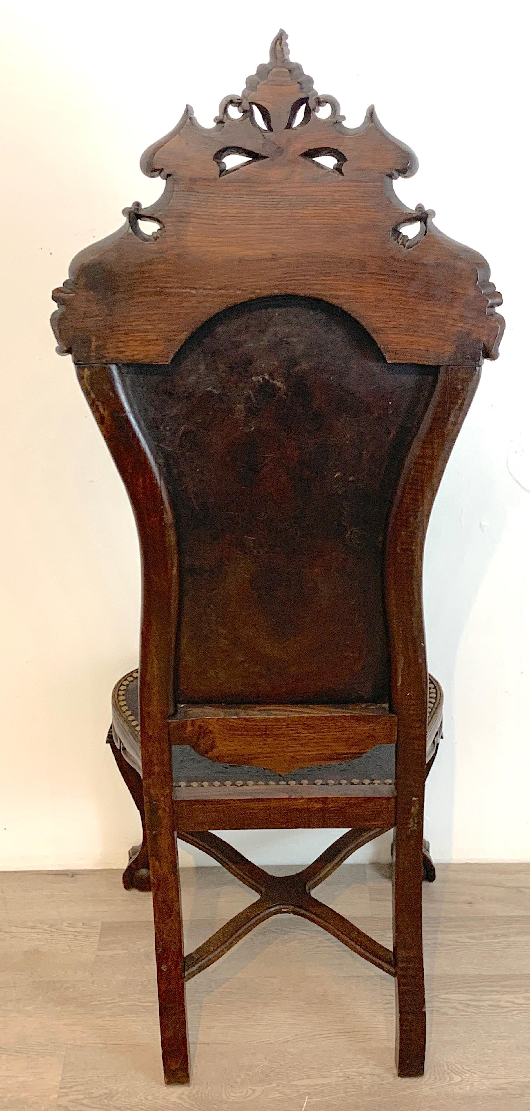 18th C Portuguese Carved Mahogany and Embossed Leather Highback Chair 1