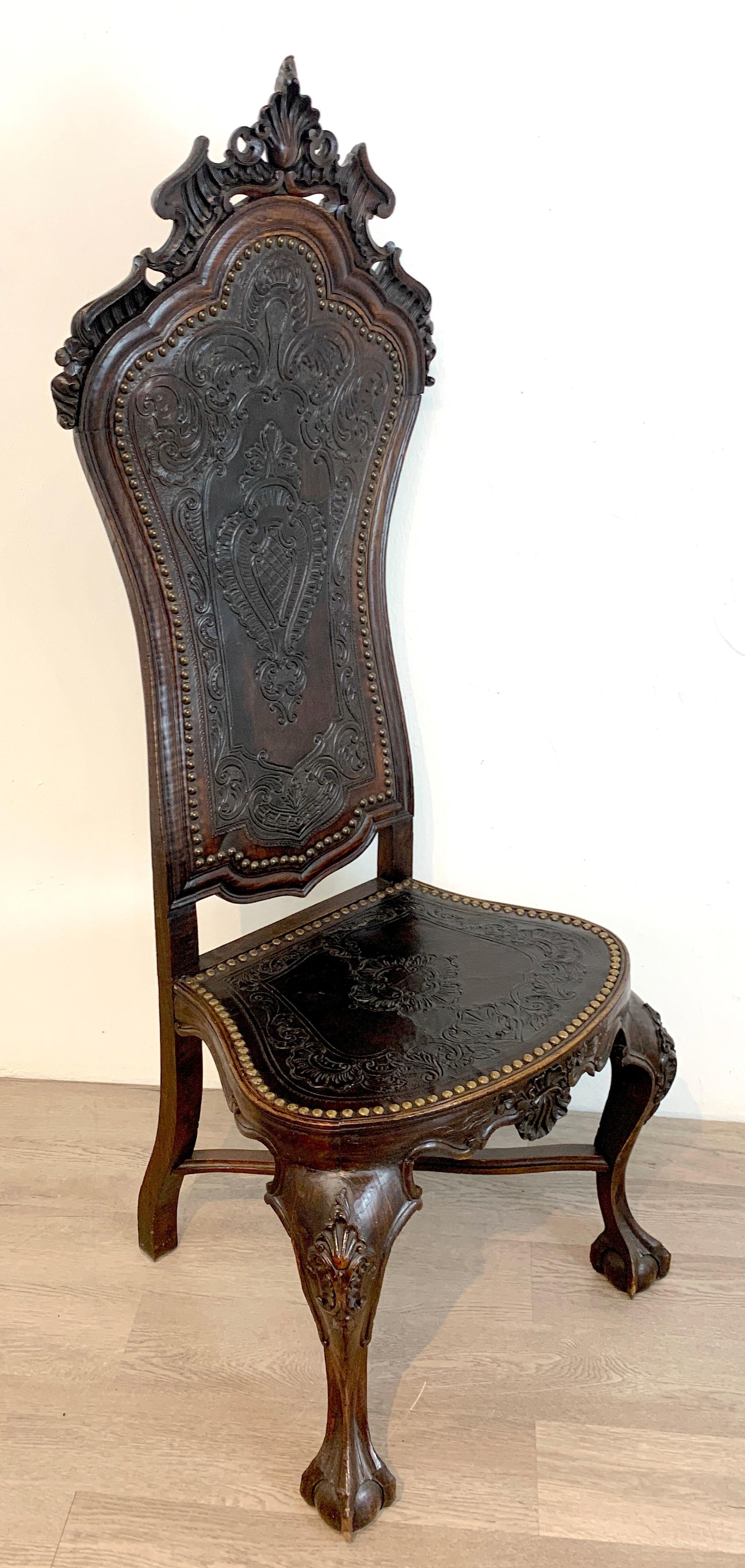 18th C Portuguese Carved Mahogany and Embossed Leather Highback Chair 2