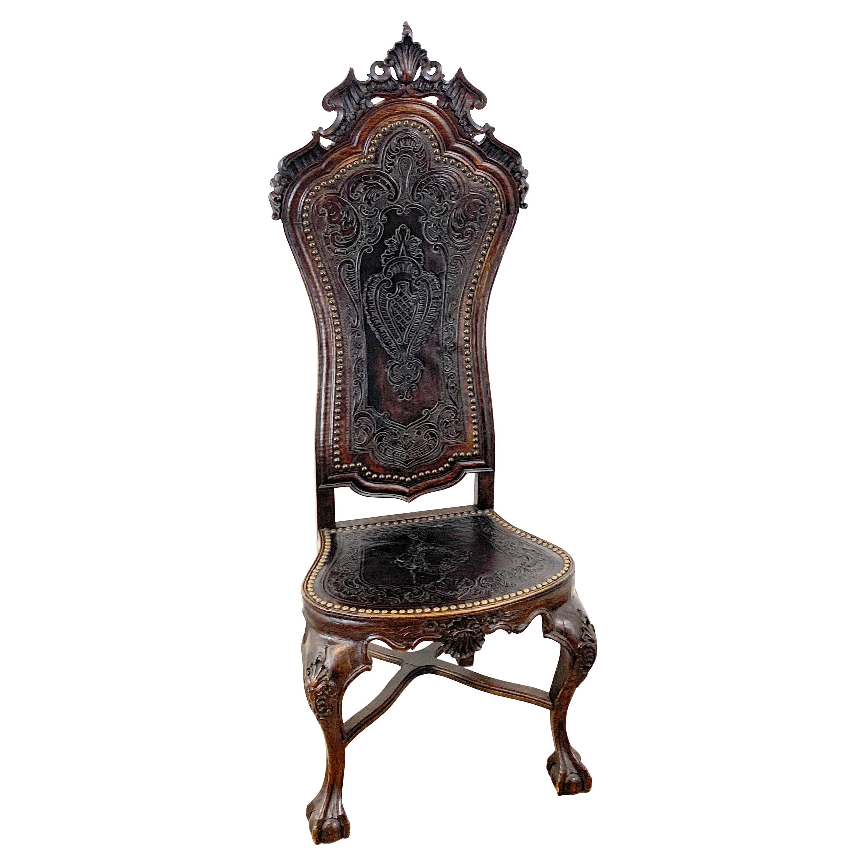 18th C Portuguese Carved Mahogany and Embossed Leather Highback Chair For Sale
