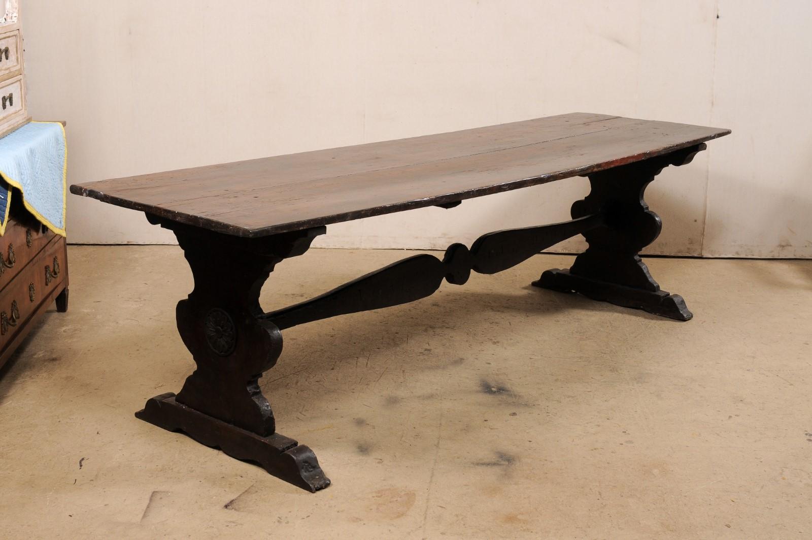 18th Century 'Possibly Older' Italian Dining Table on Carved Trestle Legs In Good Condition In Atlanta, GA